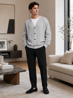 Men's diamond pattern oversized cardigan – Gray lifestyle view – Edward & Lawsen