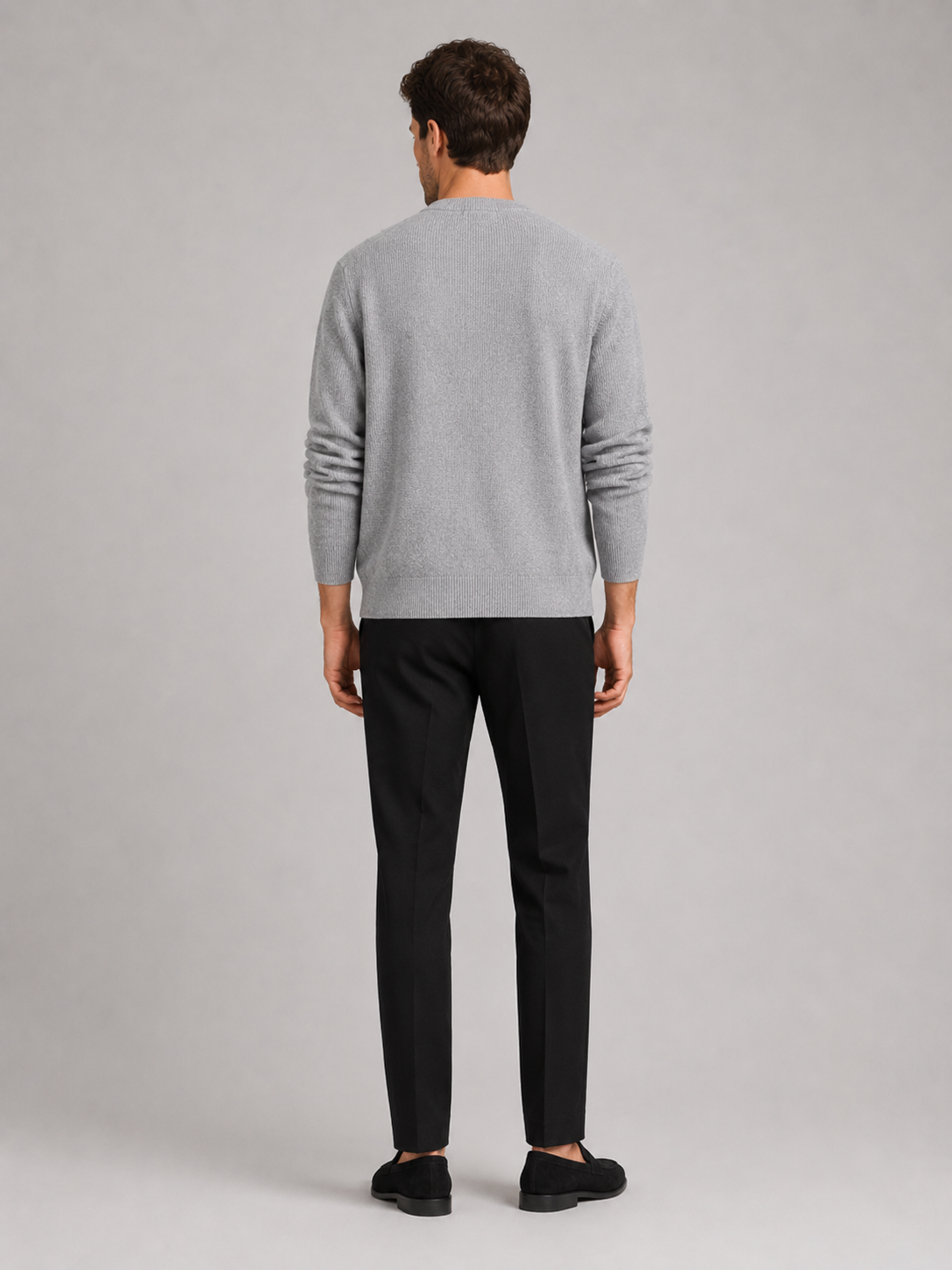 Men's crew neck cardigan sweater – Gray back view – Edward & Lawsen