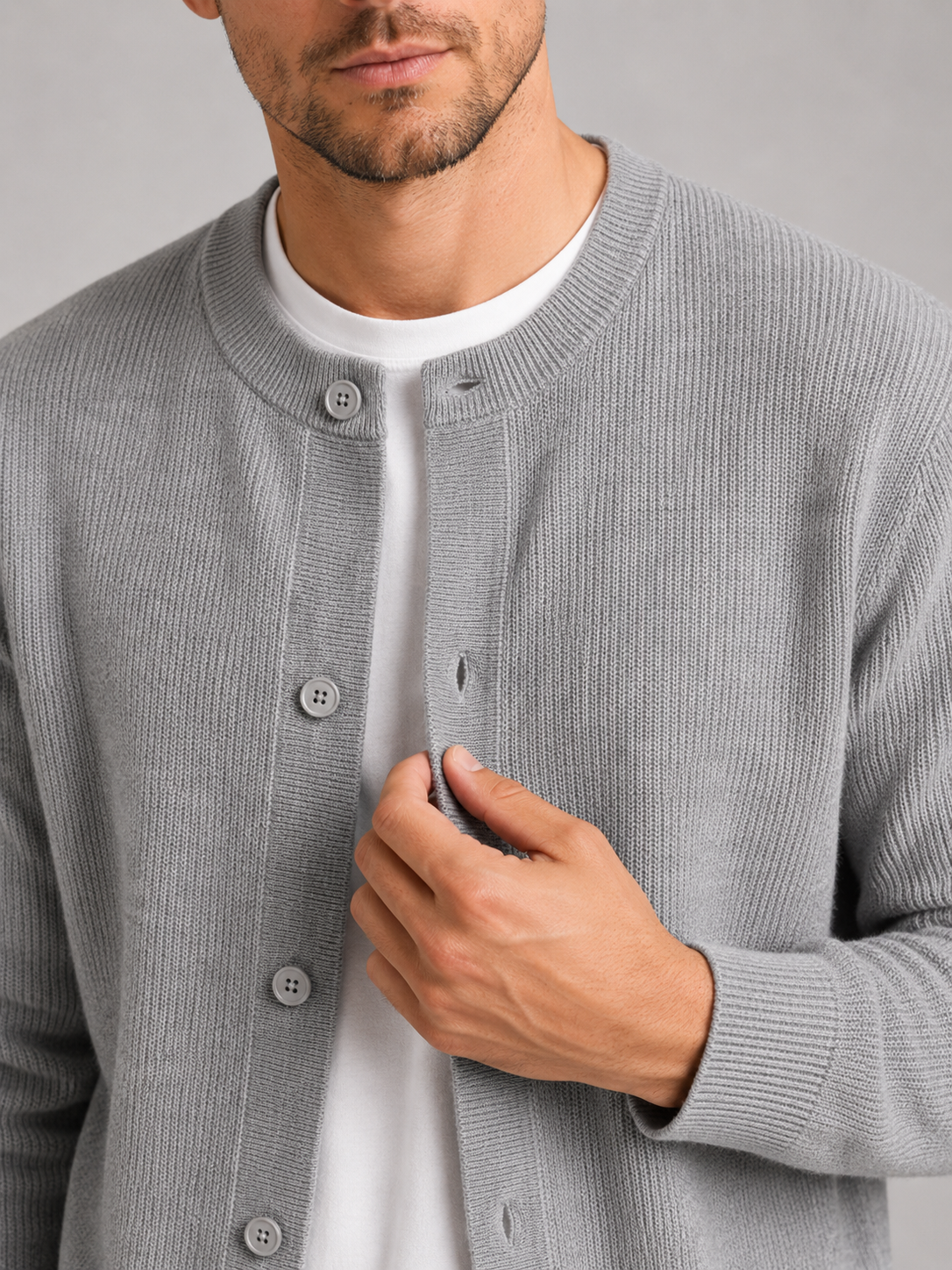 Men's crew neck cardigan sweater – Gray detail view – Edward & Lawsen