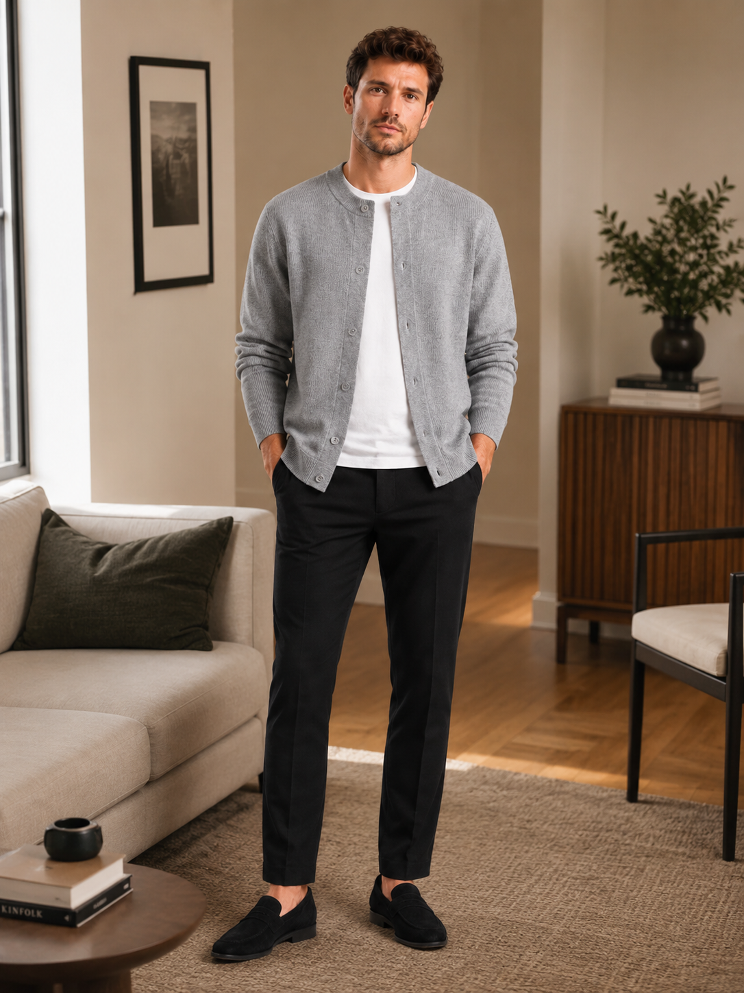 Men's crew neck cardigan sweater – Gray lifestyle view – Edward & Lawsen