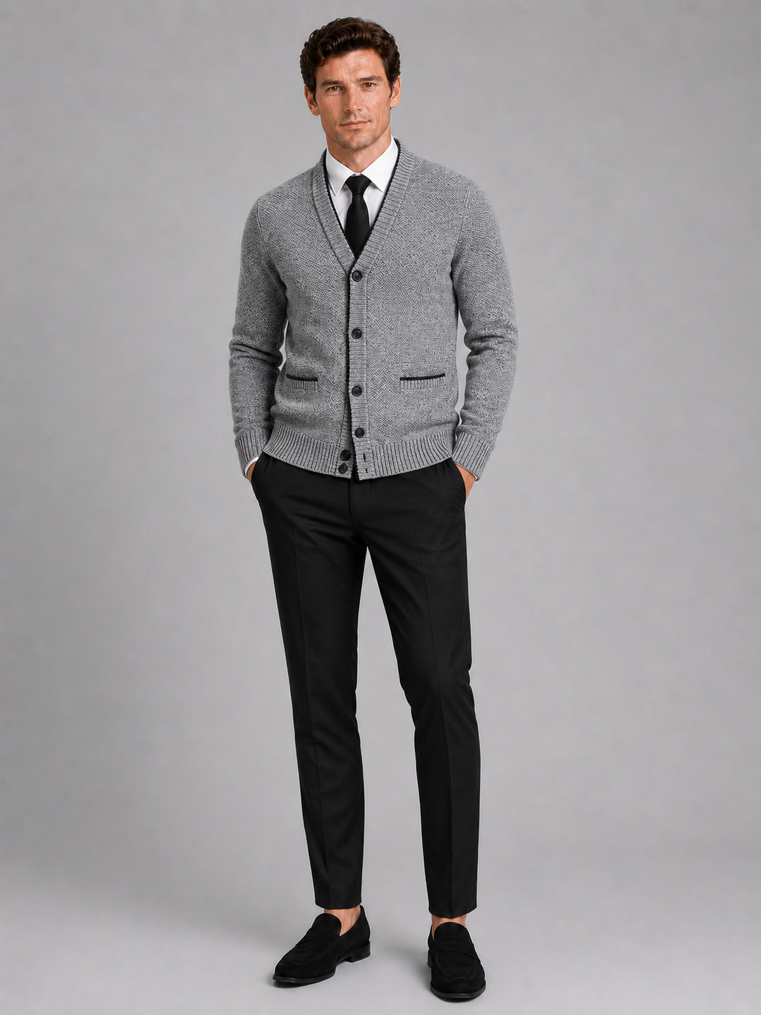 Men's V-neck cardigan – Gray full view – Edward & Lawsen
