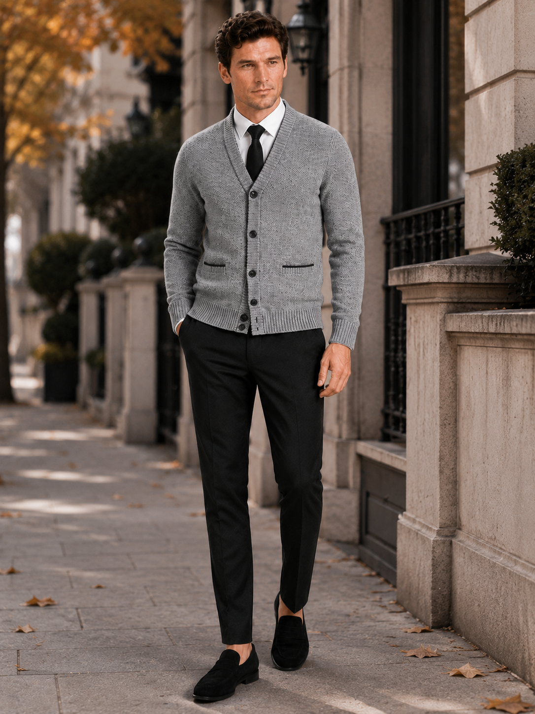 Men's V-neck cardigan – Gray lifestyle view – Edward & Lawsen