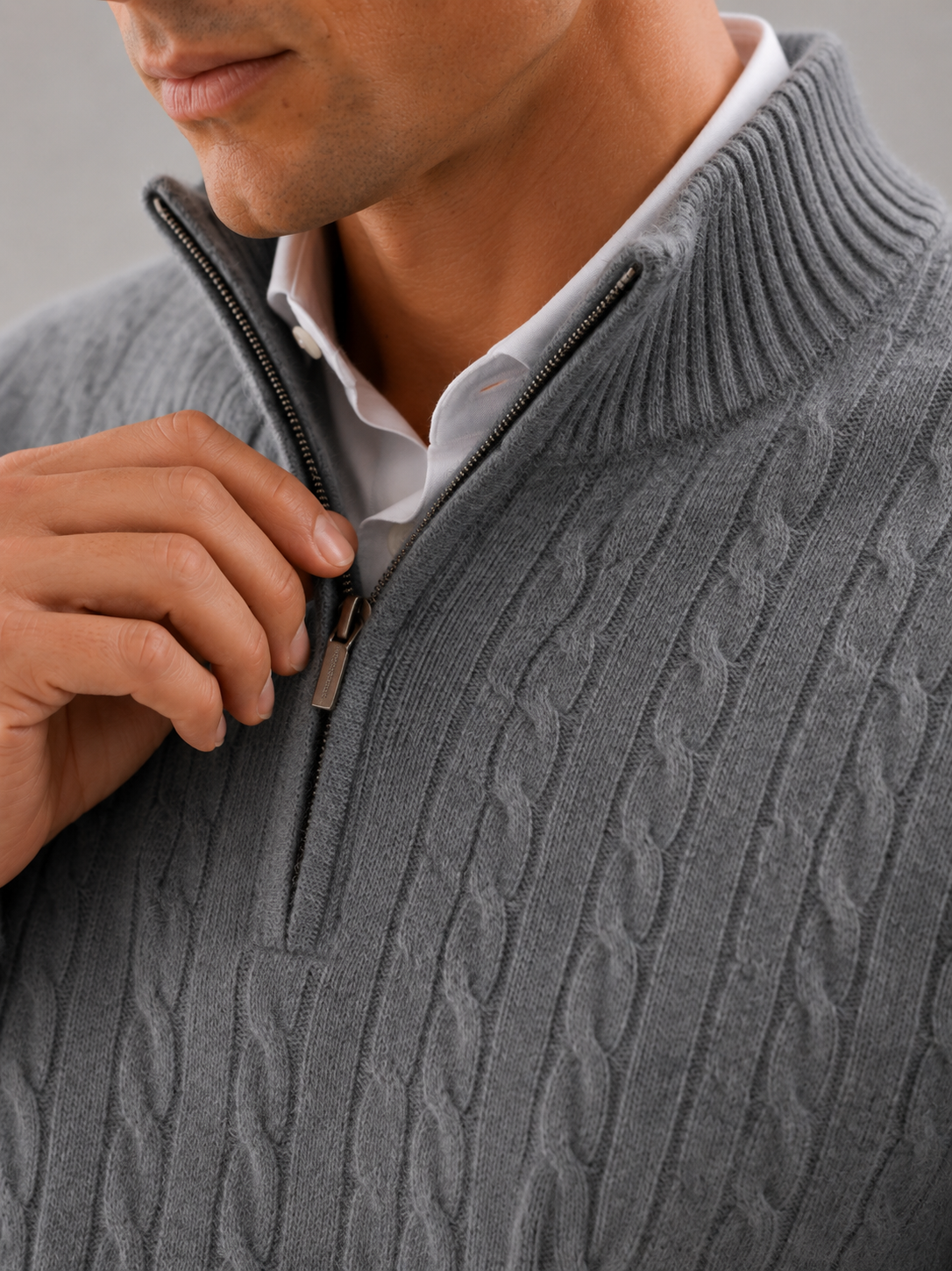 Men's cashmere quarter-zip mock neck sweater – Gray detail view – Edward & Lawsen