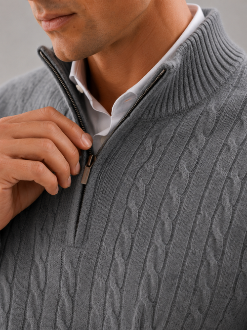 Men's cashmere quarter-zip mock neck sweater – Gray detail view – Edward & Lawsen