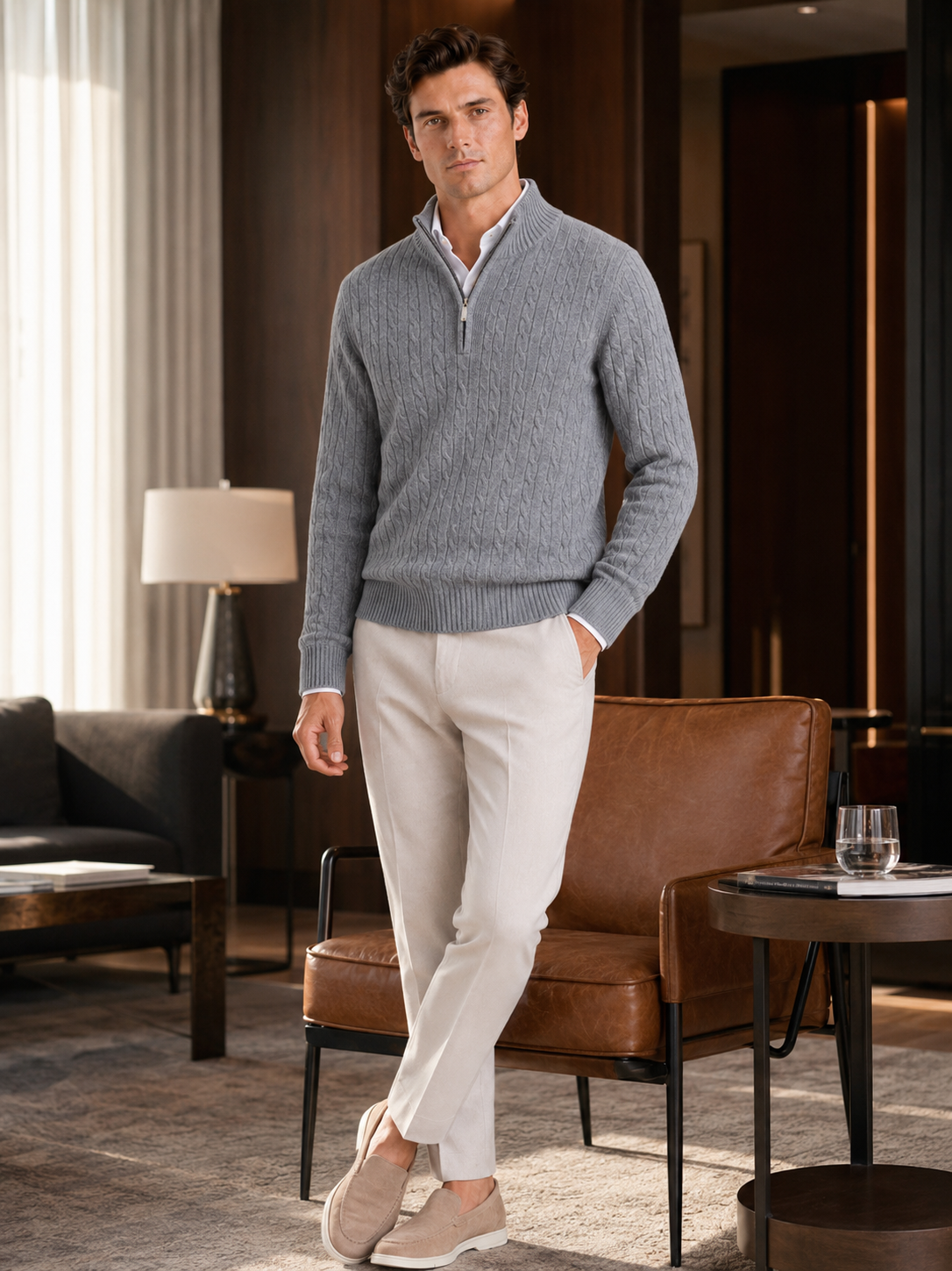 Men's cashmere quarter-zip mock neck sweater – Gray lifestyle view – Edward & Lawsen