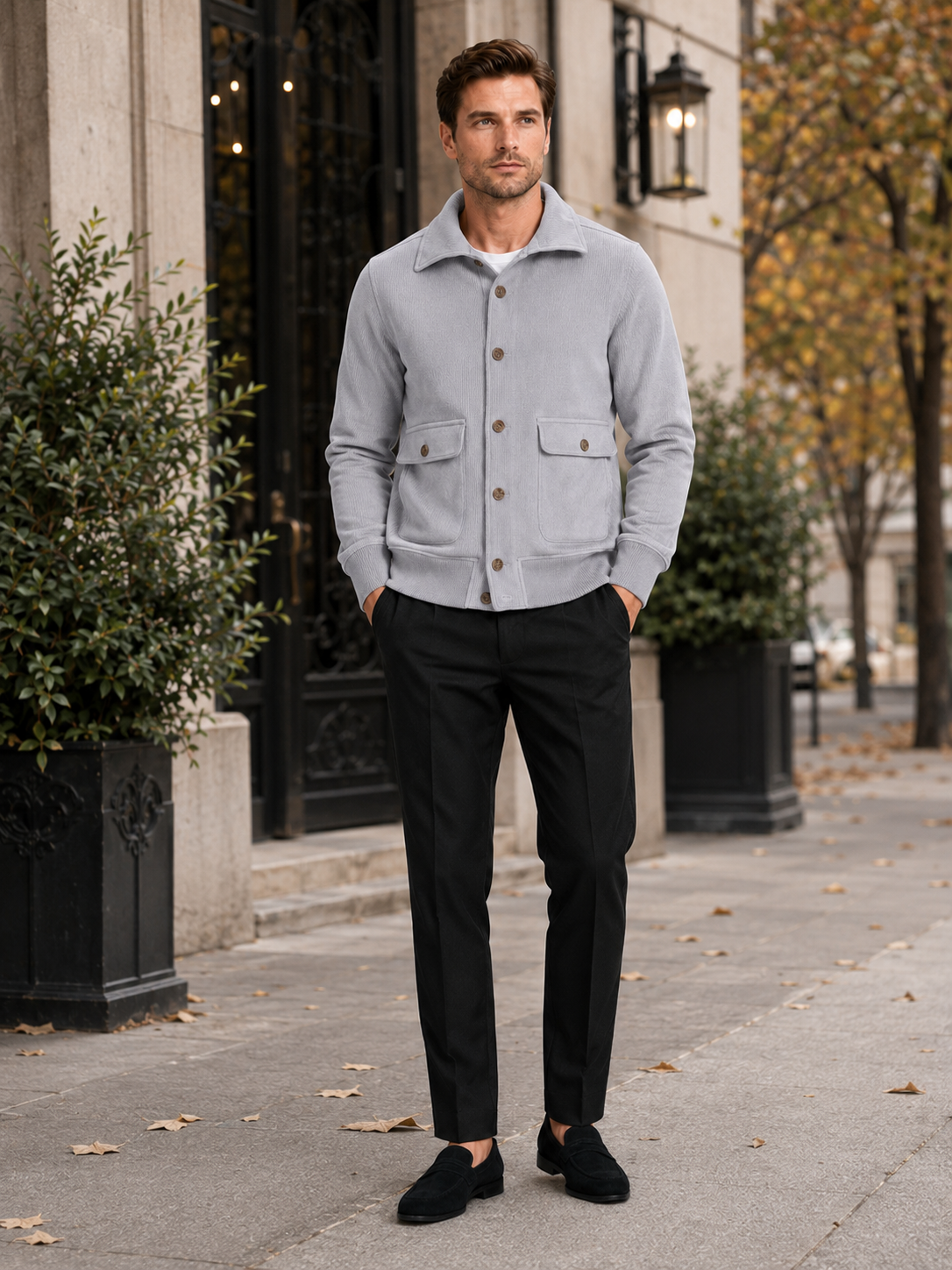 Men's chore jacket – Gray lifestyle view – Edward & Lawsen