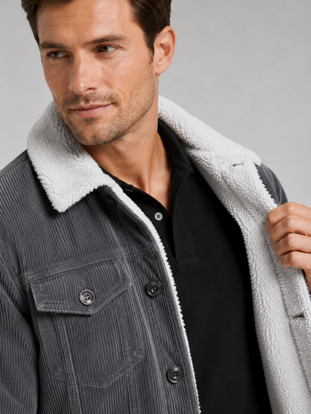 Men's padded corduroy jacket – Gray detail view – Edward & Lawsen