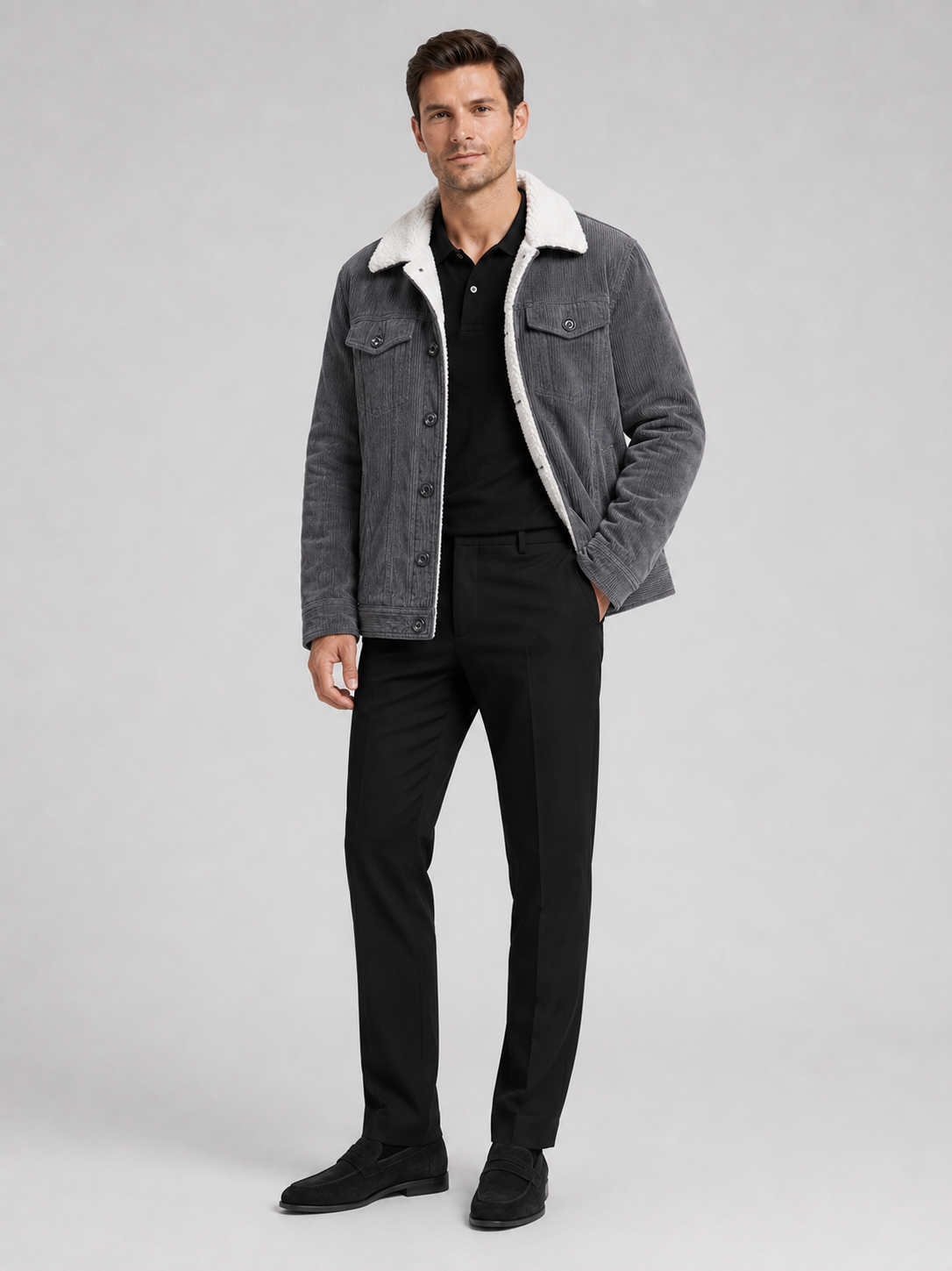 Men's padded corduroy jacket – Gray full view – Edward & Lawsen