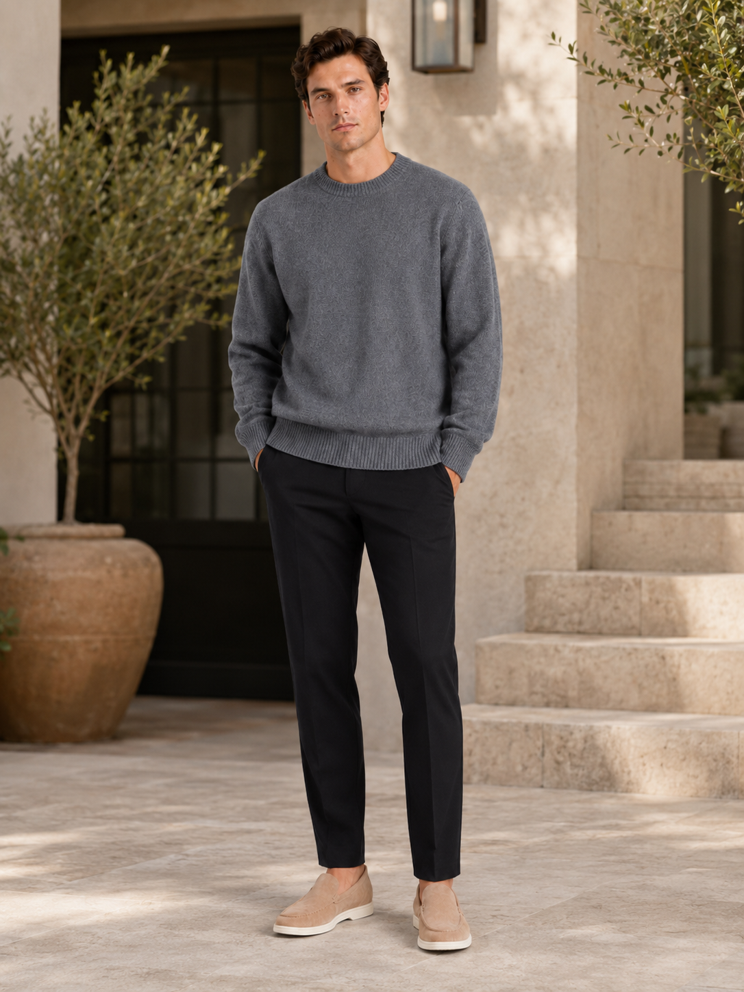 Men's wool crewneck sweater – Gray lifestyle view – Edward & Lawsen