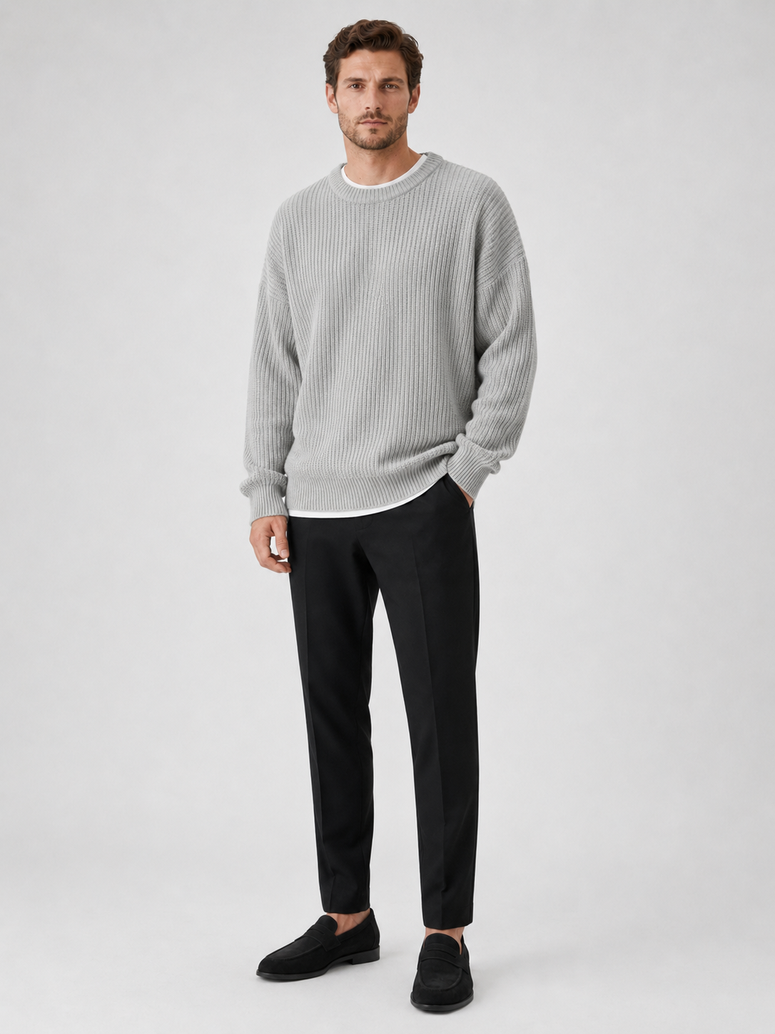 Men's crew neck sweater – Gray full view – Edward & Lawsen