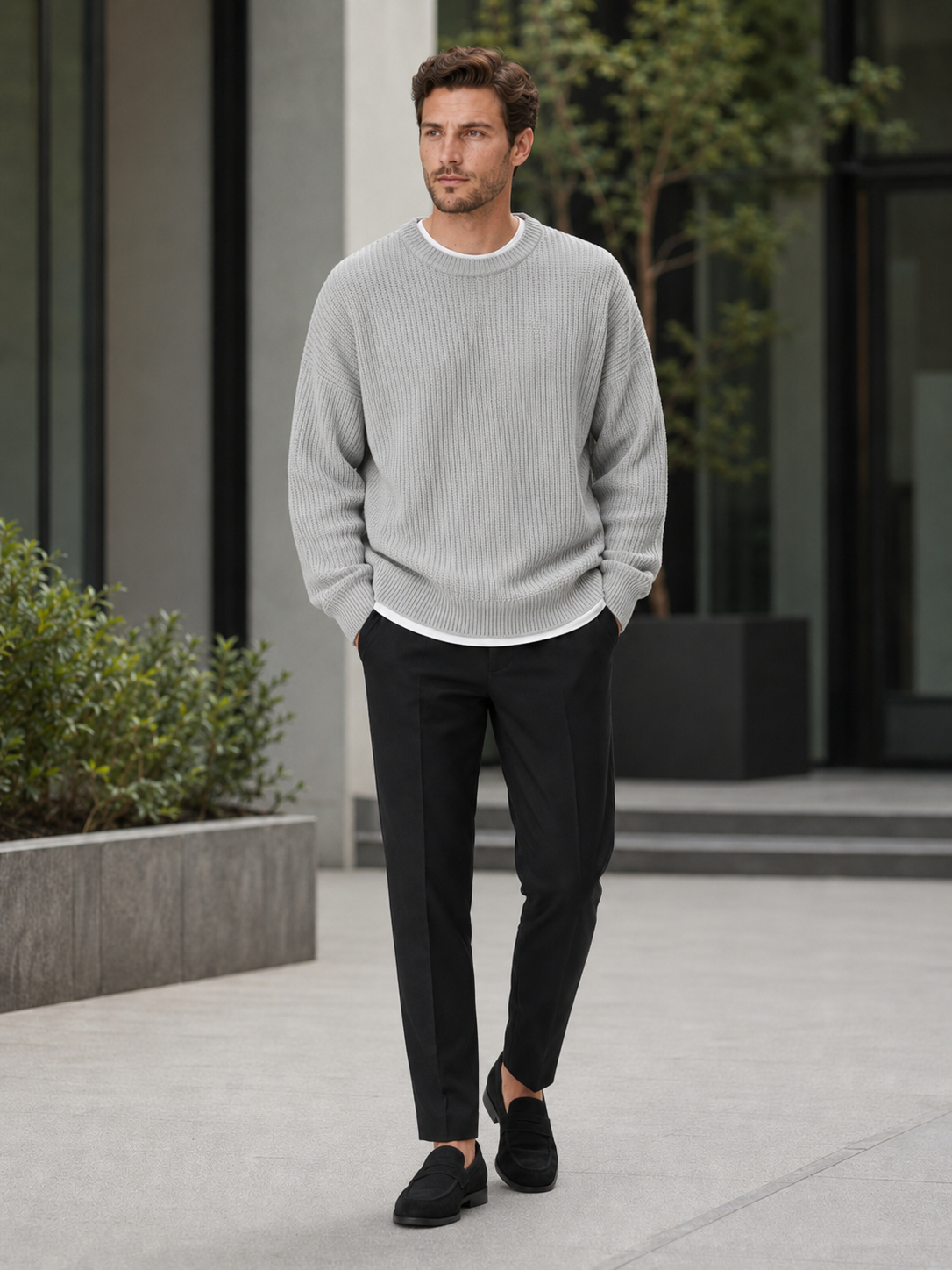 Men's crew neck sweater – Gray lifestyle view – Edward & Lawsen