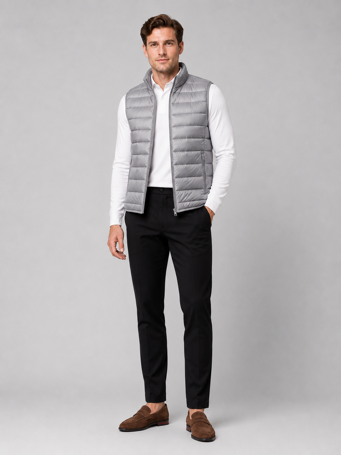 Men's ultralight puffer vest – Gray full view – Edward & Lawsen