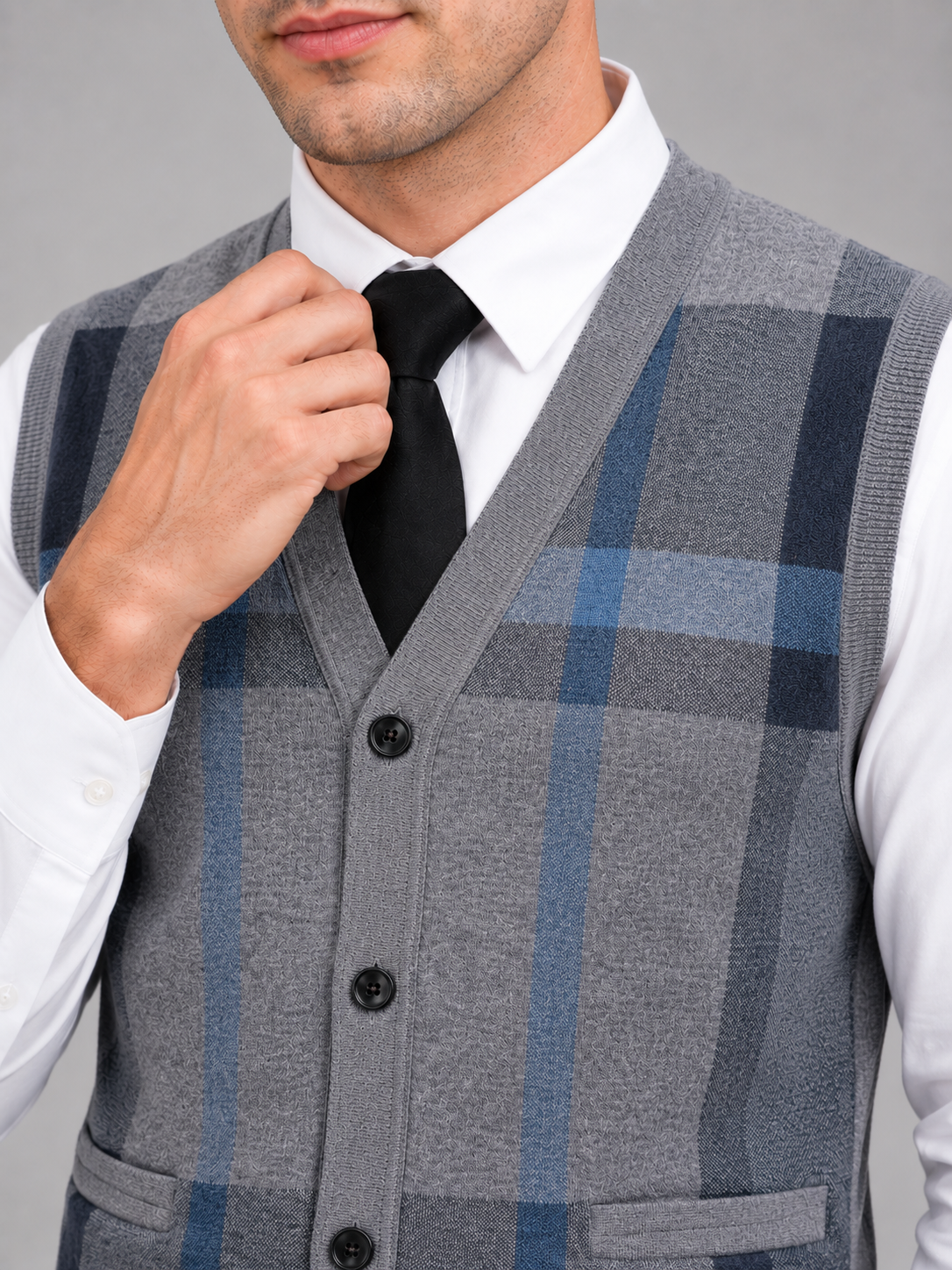 Men's fleece button-front vest – Gray detail view – Edward & Lawsen