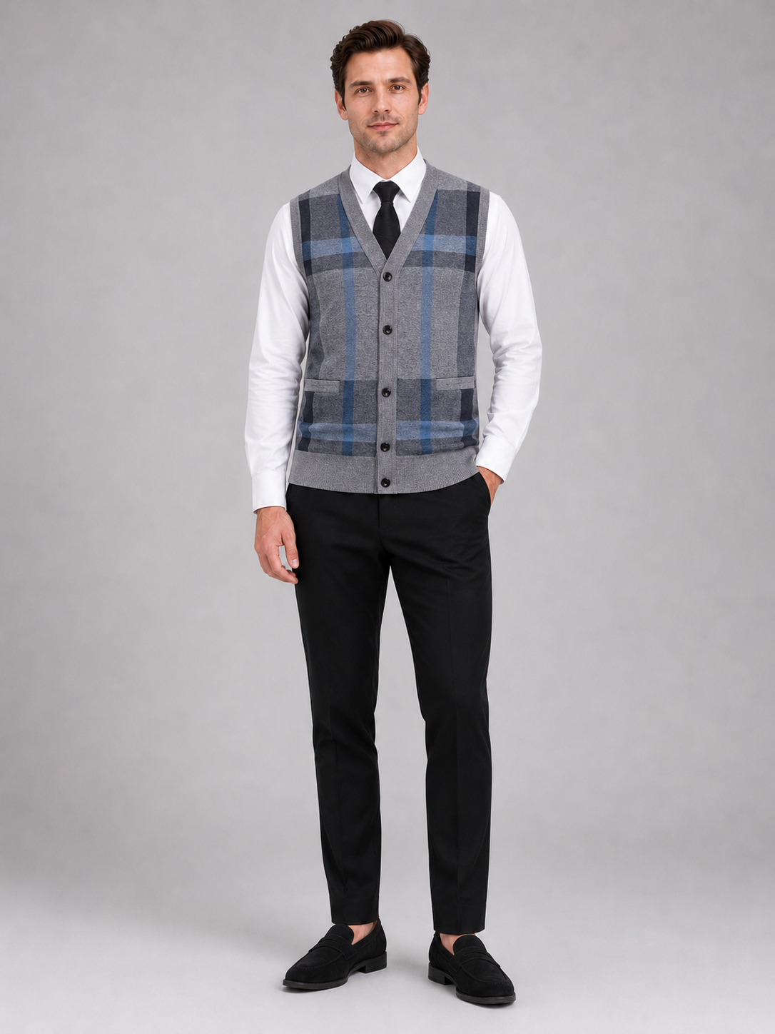 Men's fleece button-front vest – Gray full view – Edward & Lawsen