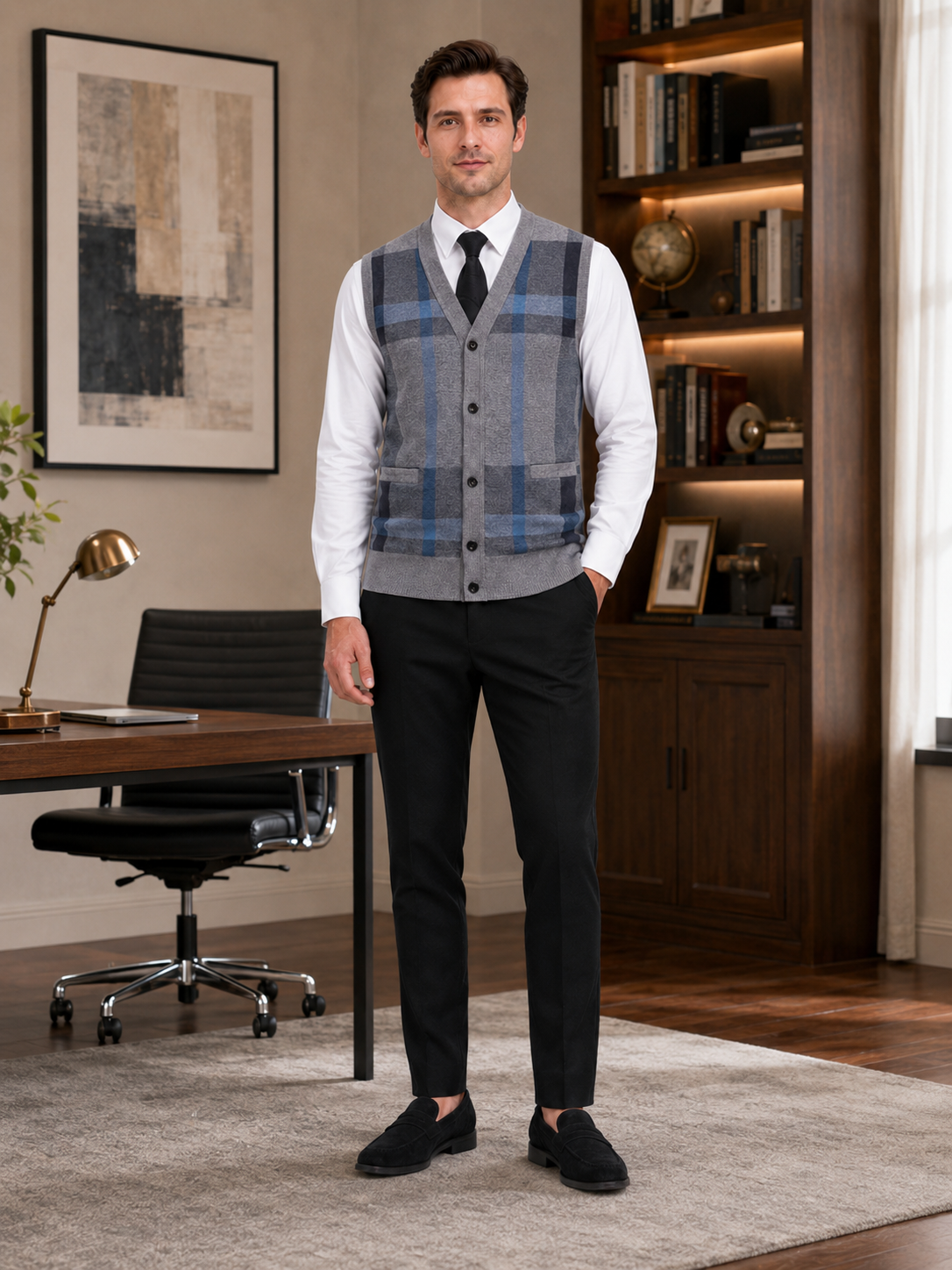 Men's fleece button-front vest – Gray lifestyle view – Edward & Lawsen