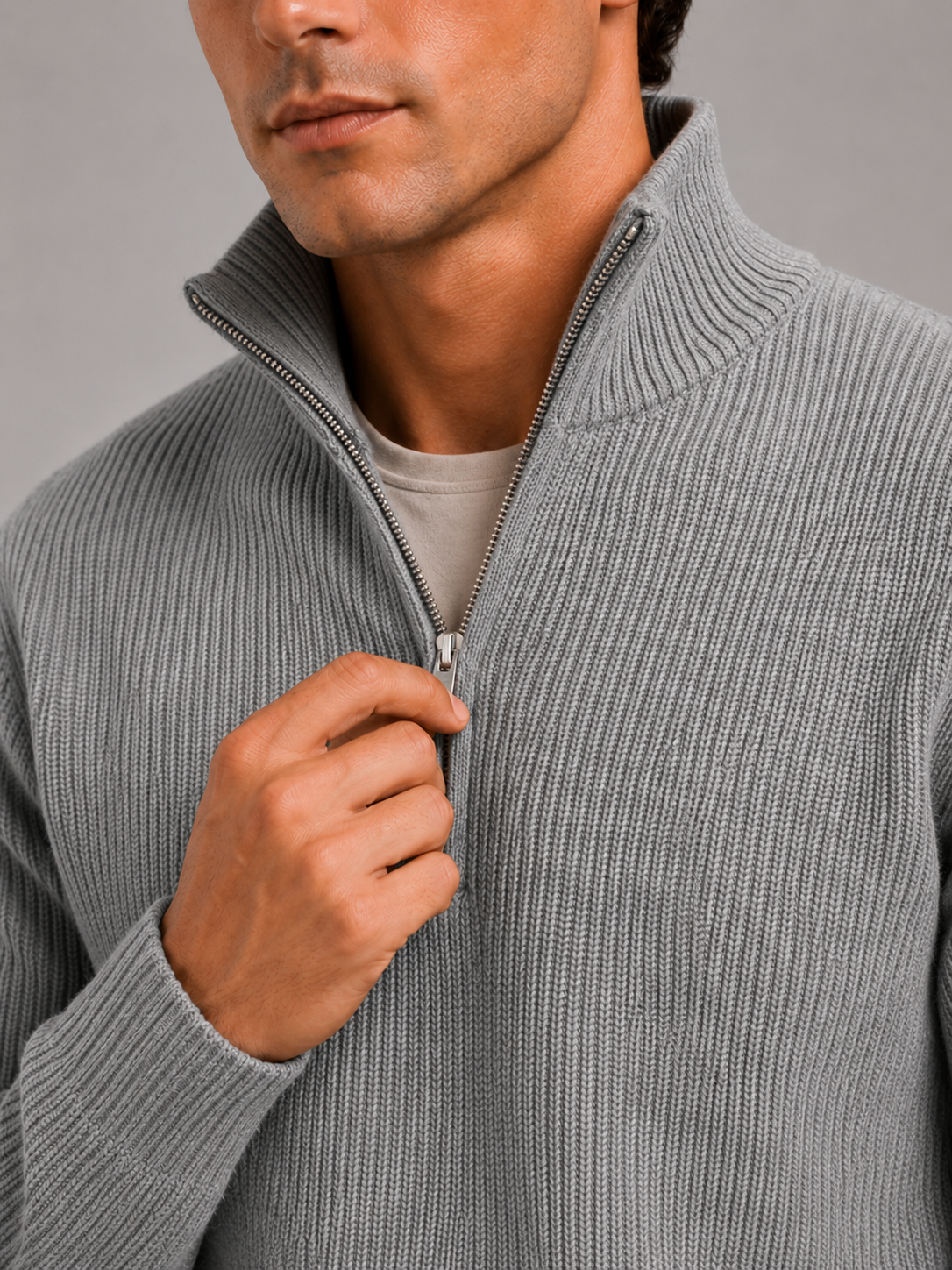 Men's half zip sweater – Gray detail view – Edward & Lawsen