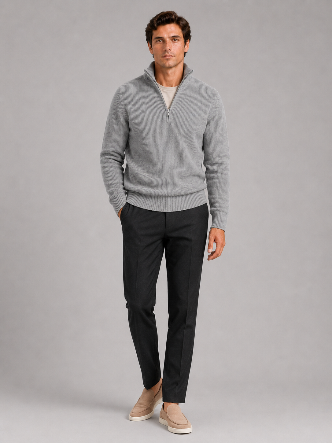 Men's half zip sweater – Gray full view – Edward & Lawsen