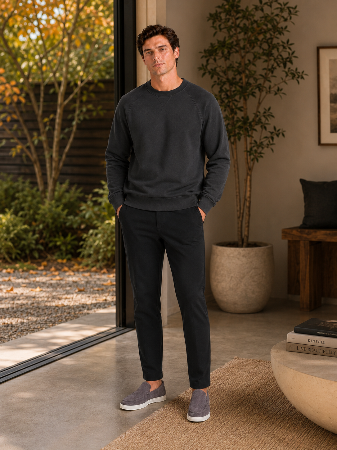 Men's heavyweight crewneck sweater – Gray lifestyle view – Edward & Lawsen
