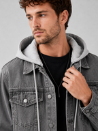 Men's hooded denim jacket – Gray detail view – Edward & Lawsen