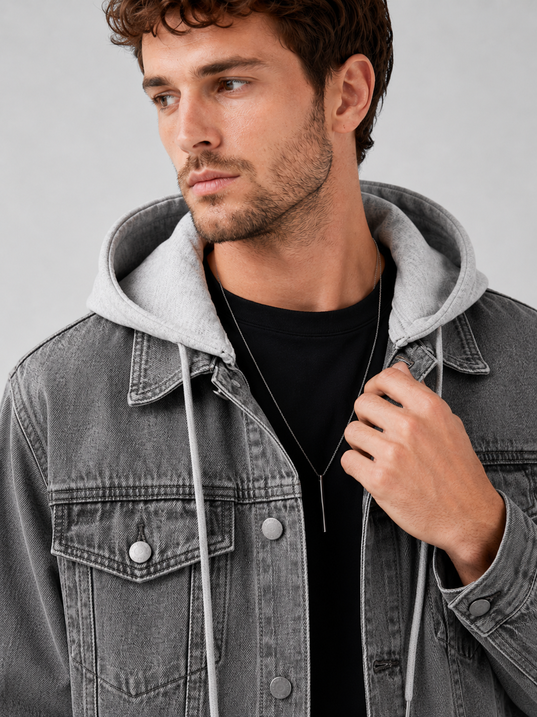 Men's hooded denim jacket – Gray detail view – Edward & Lawsen