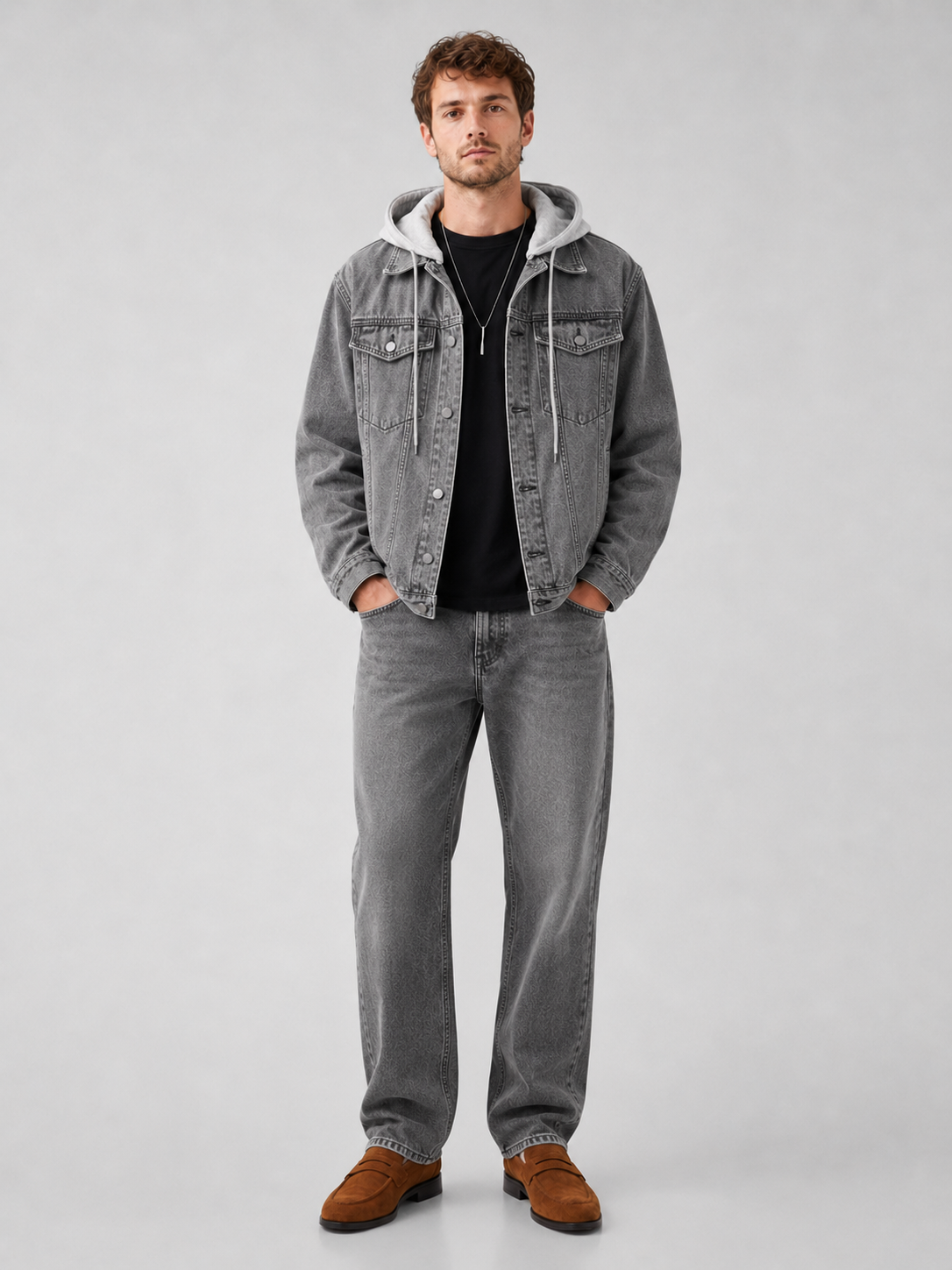Men's hooded denim jacket – Gray full view – Edward & Lawsen