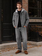 Men's hooded denim jacket – Gray lifestyle view – Edward & Lawsen