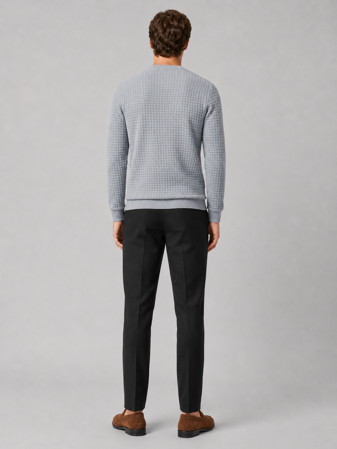 Men's jacquard crew neck sweater – Gray back view – Edward & Lawsen