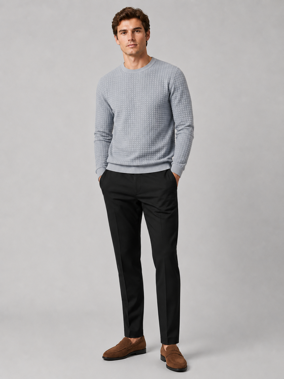 Men's jacquard crew neck sweater – Gray full view – Edward & Lawsen