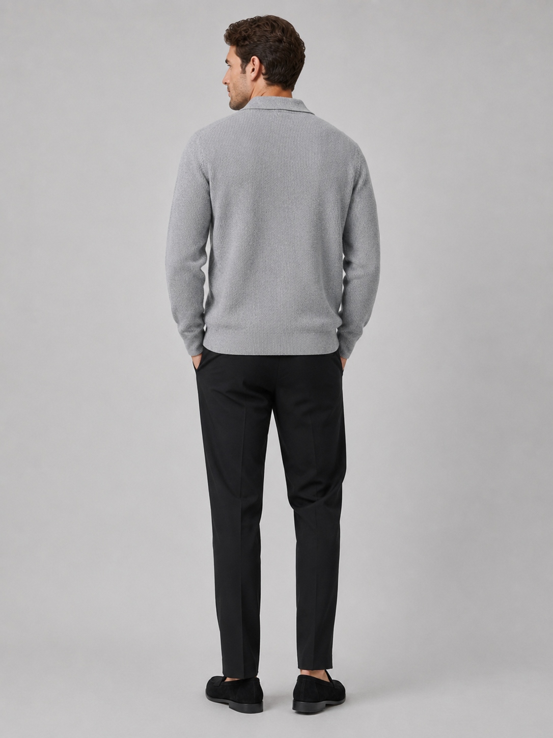 Men's Johnny collar sweater – Gray back view – Edward & Lawsen