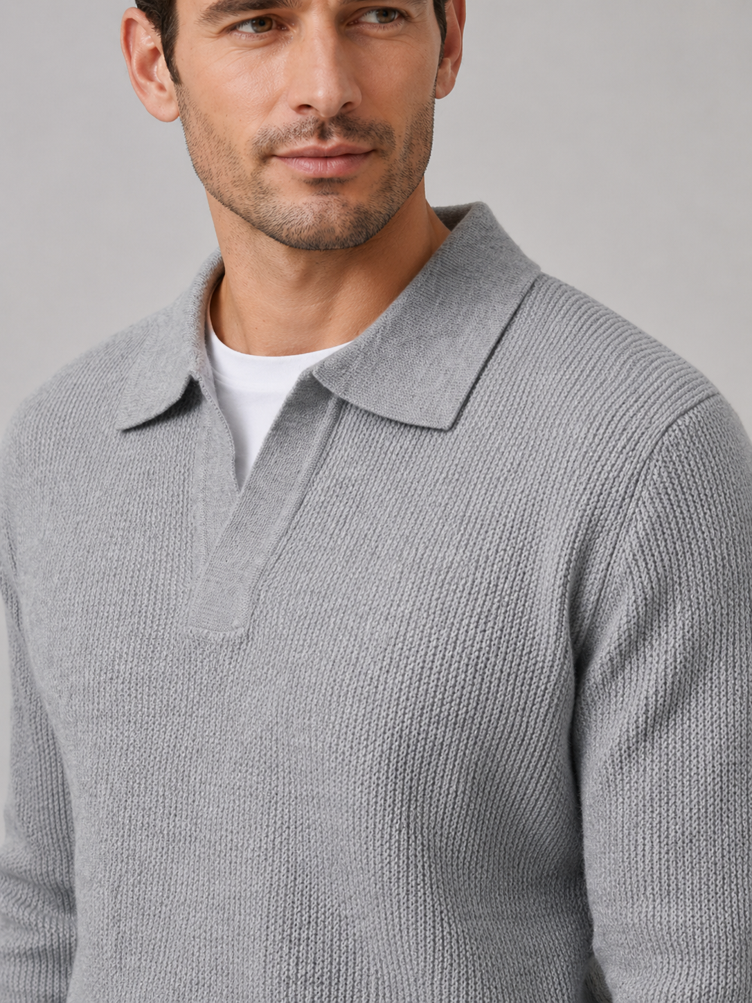 Men's Johnny collar sweater – Gray detail view – Edward & Lawsen