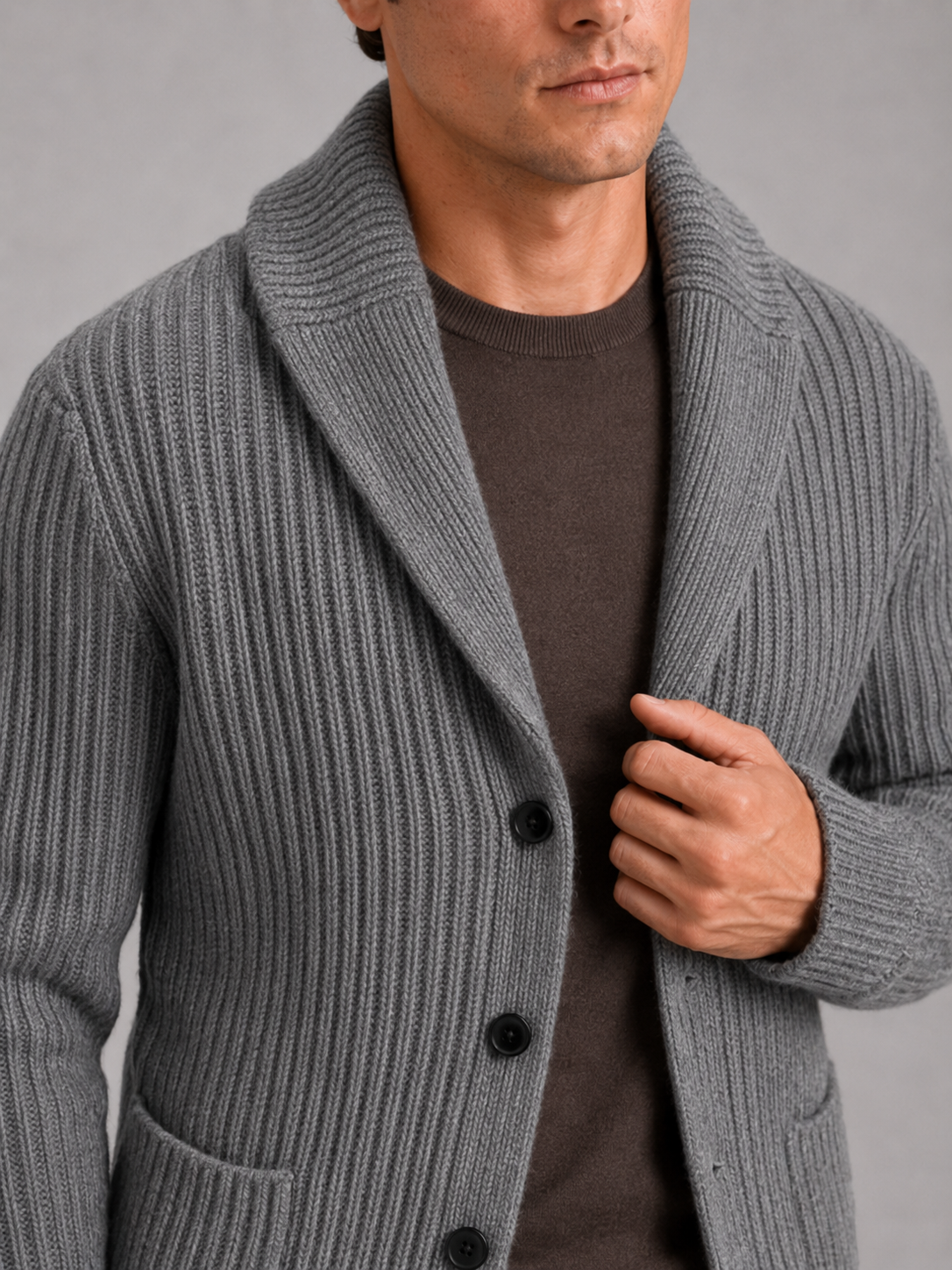 Men's knit cardigan – Gray detail view – Edward & Lawsen