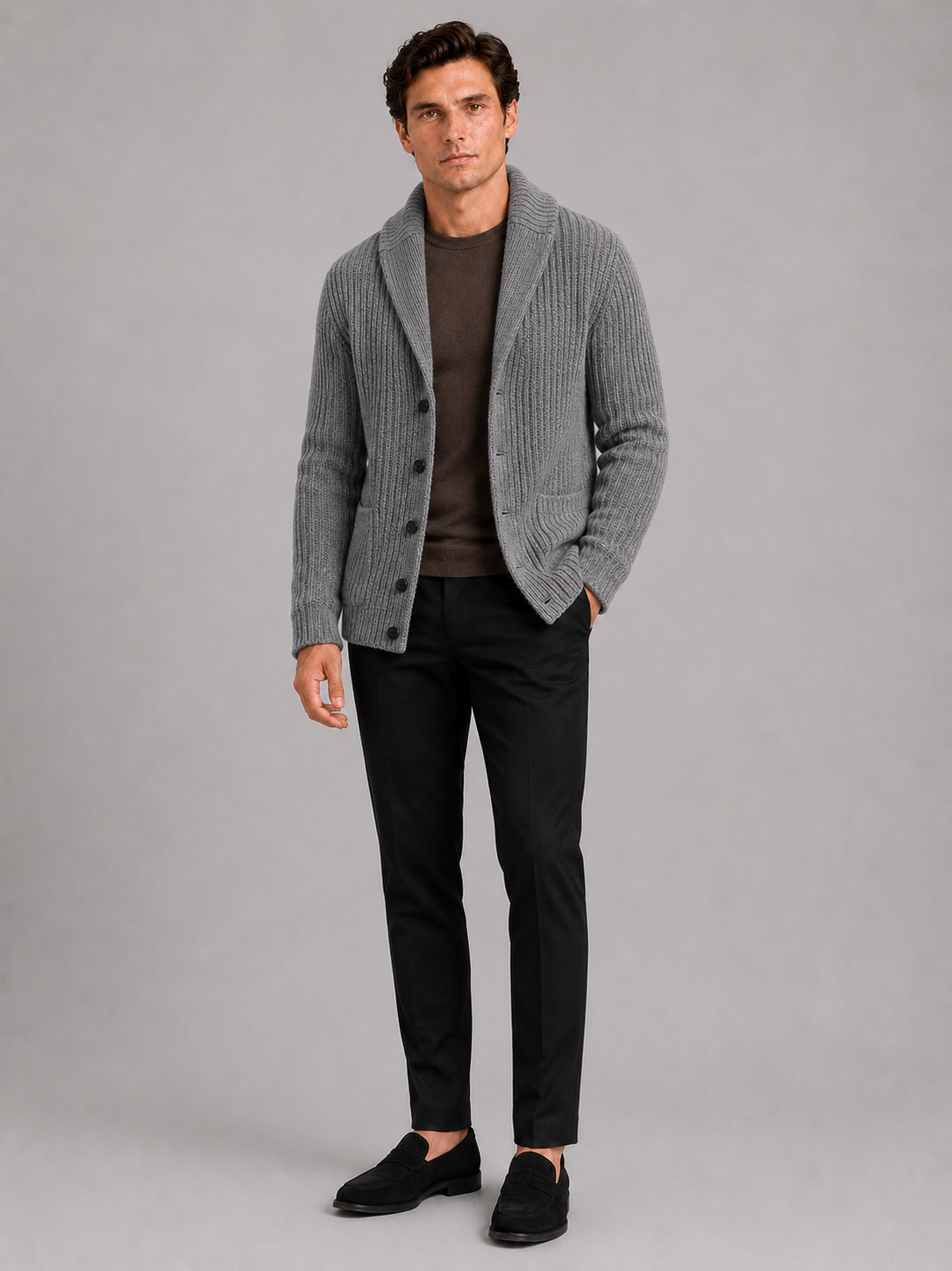 Men's knit cardigan – Gray full view – Edward & Lawsen