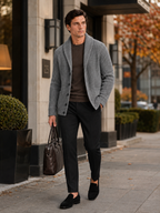 Men's knit cardigan – Gray lifestyle view – Edward & Lawsen