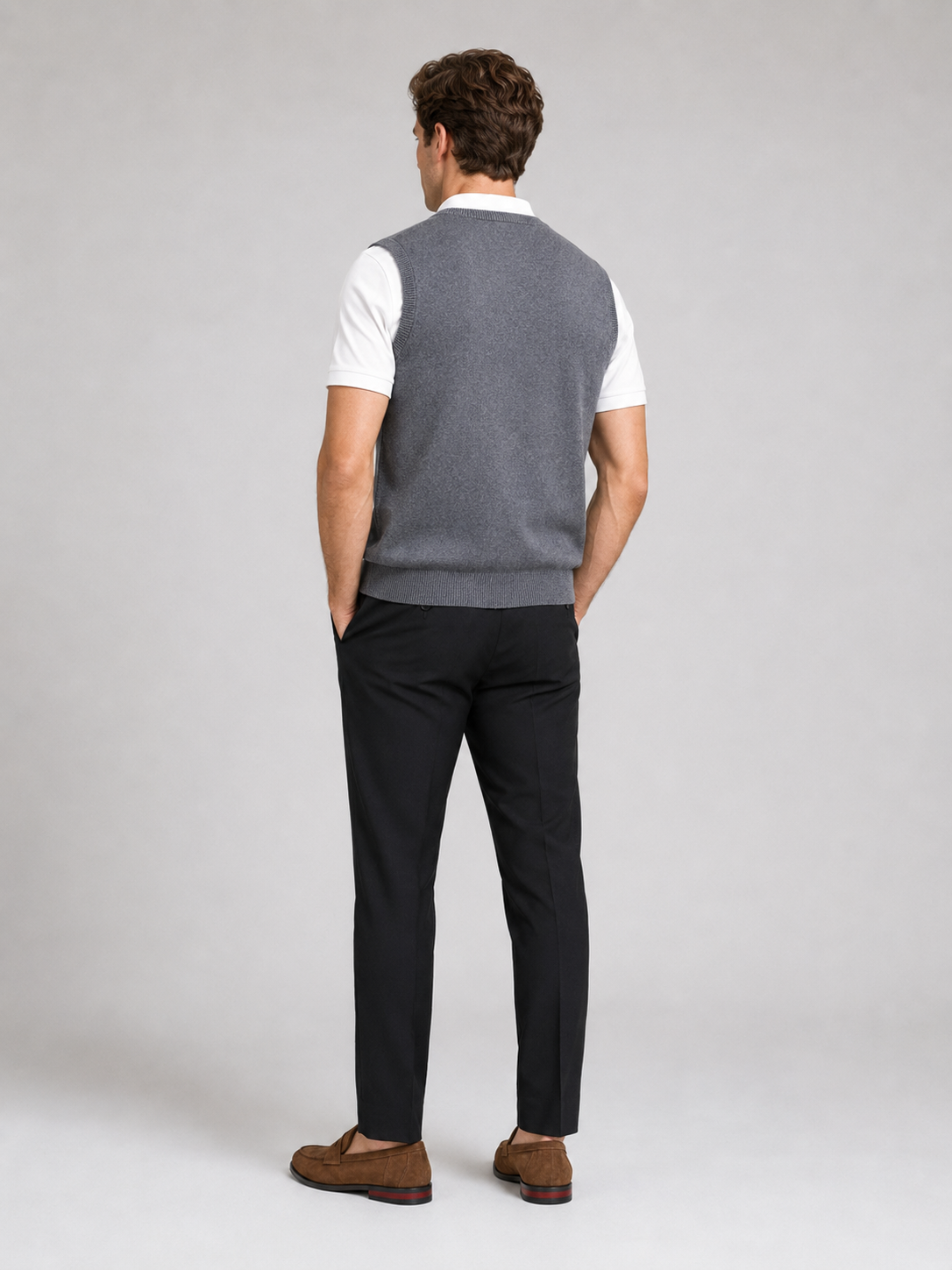 Men's knit sweater vest – Gray back view – Edward & Lawsen
