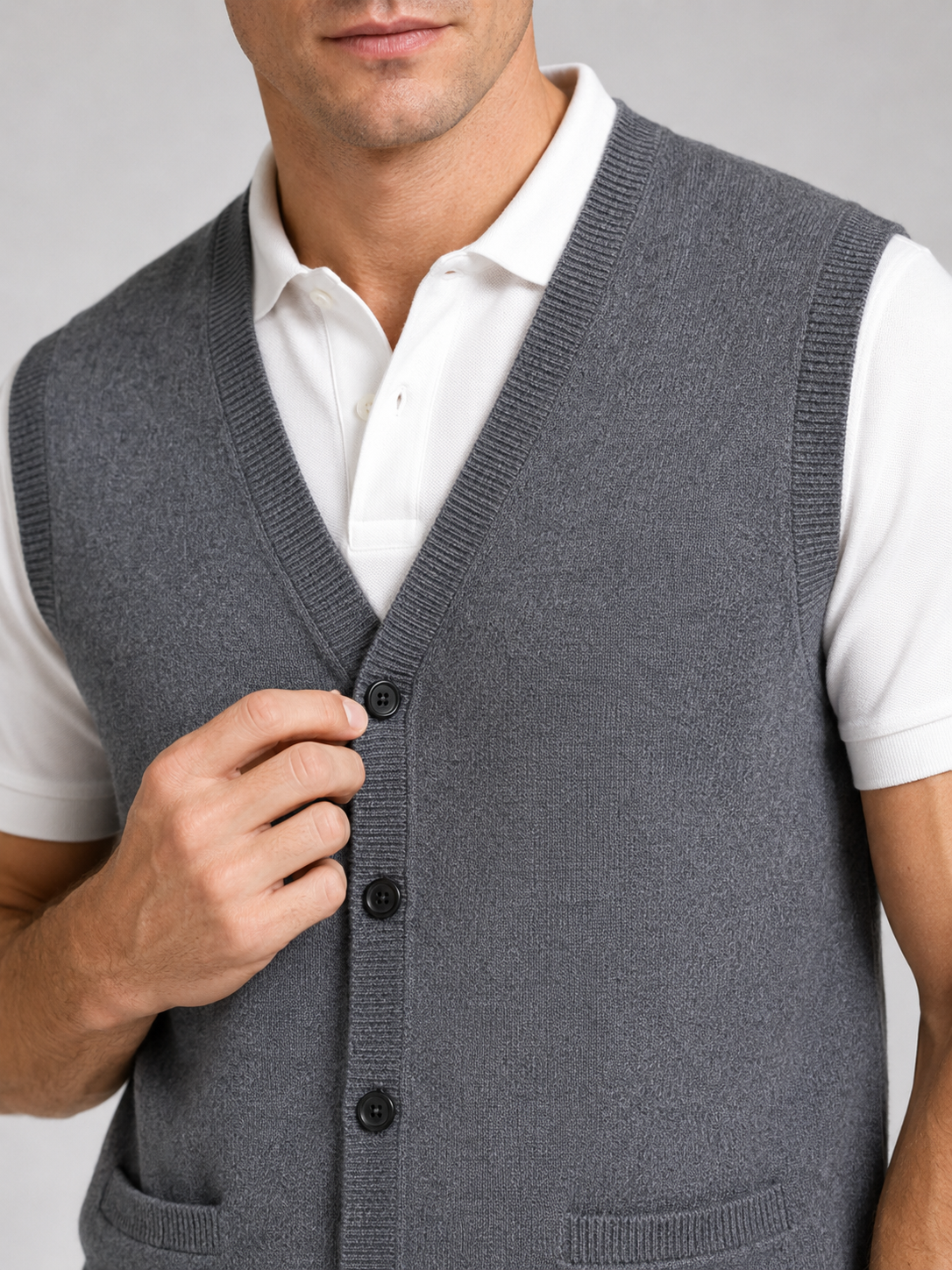 Men's knit sweater vest – Gray detail view – Edward & Lawsen