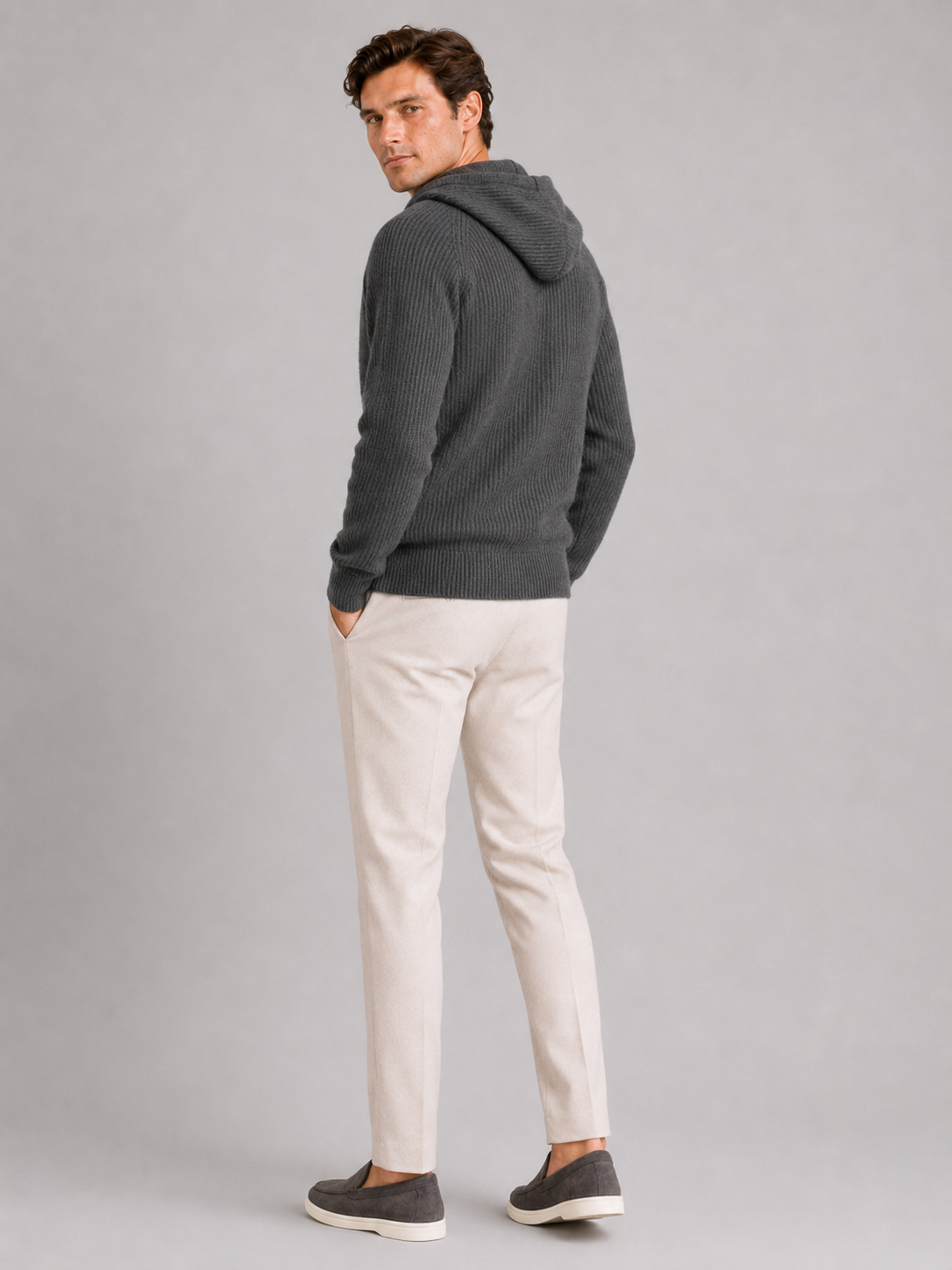 Men's merino wool zip hoodie cardigan – Gray back view – Edward & Lawsen