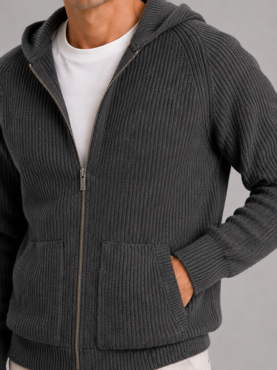 Men's merino wool zip hoodie cardigan – Gray detail view – Edward & Lawsen
