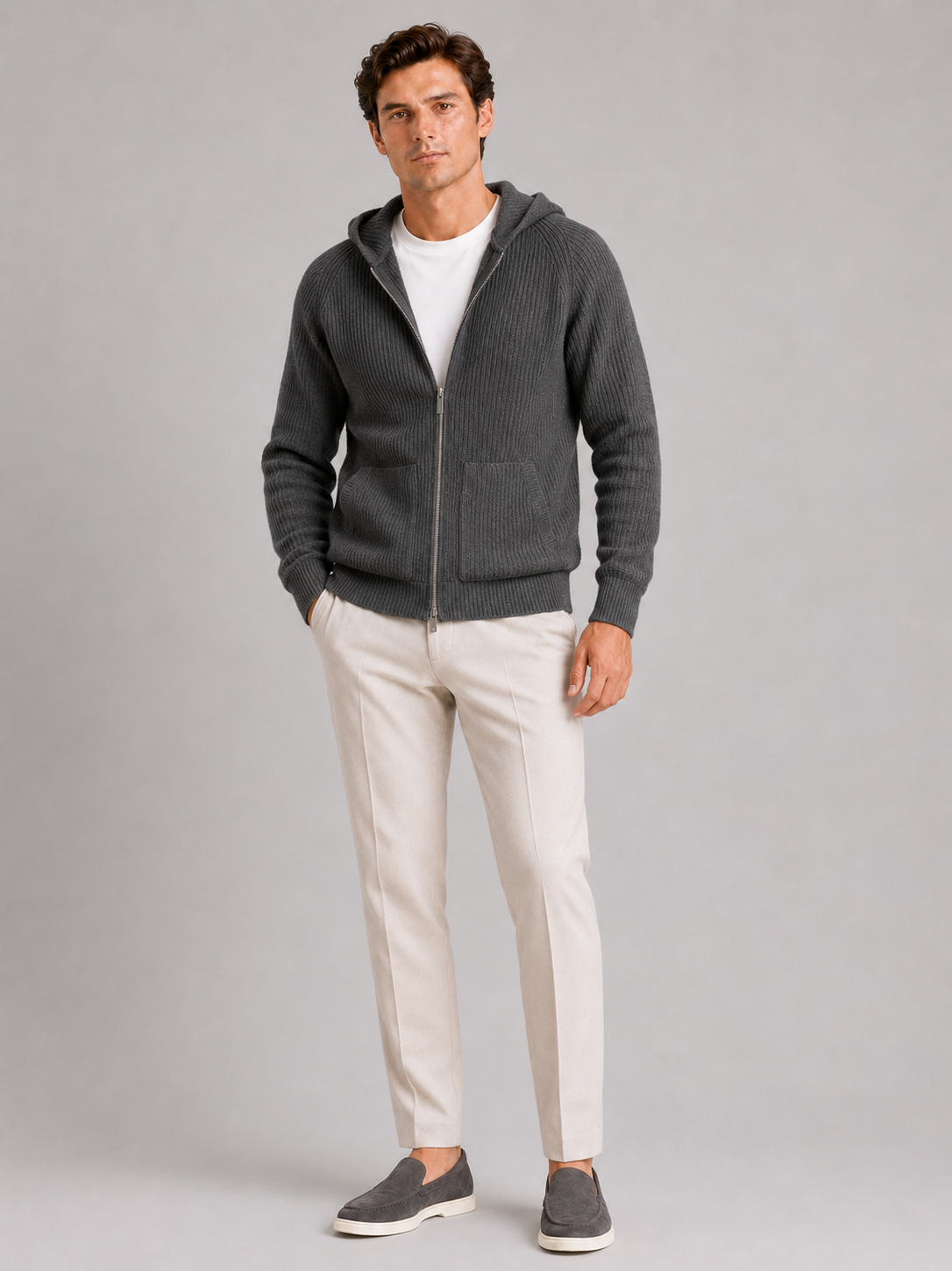 Men's merino wool zip hoodie cardigan – Gray full view – Edward & Lawsen