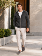 Men's merino wool zip hoodie cardigan – Gray lifestyle view – Edward & Lawsen