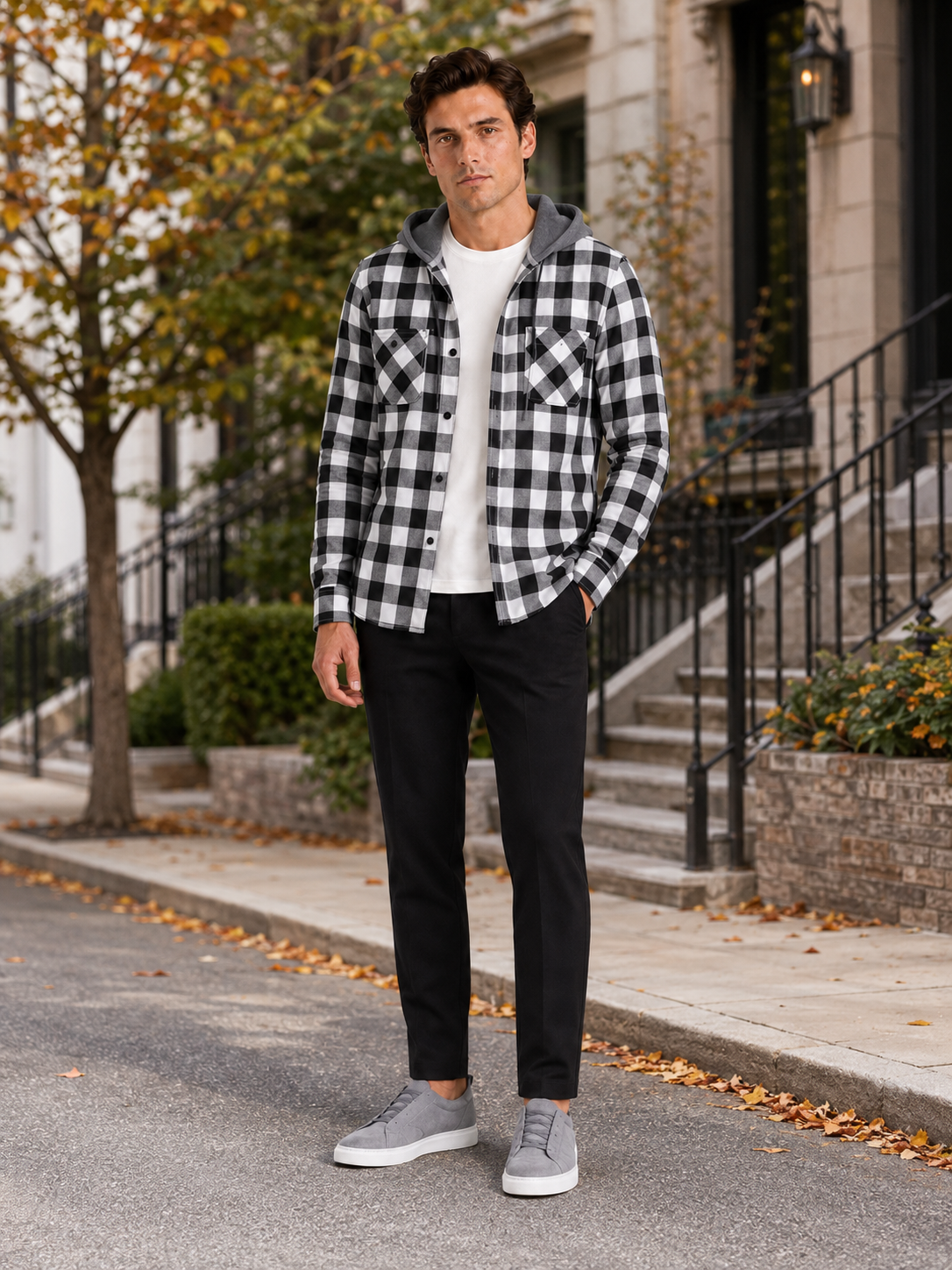 Men's plaid flannel jacket – Gray lifestyle view – Edward & Lawsen