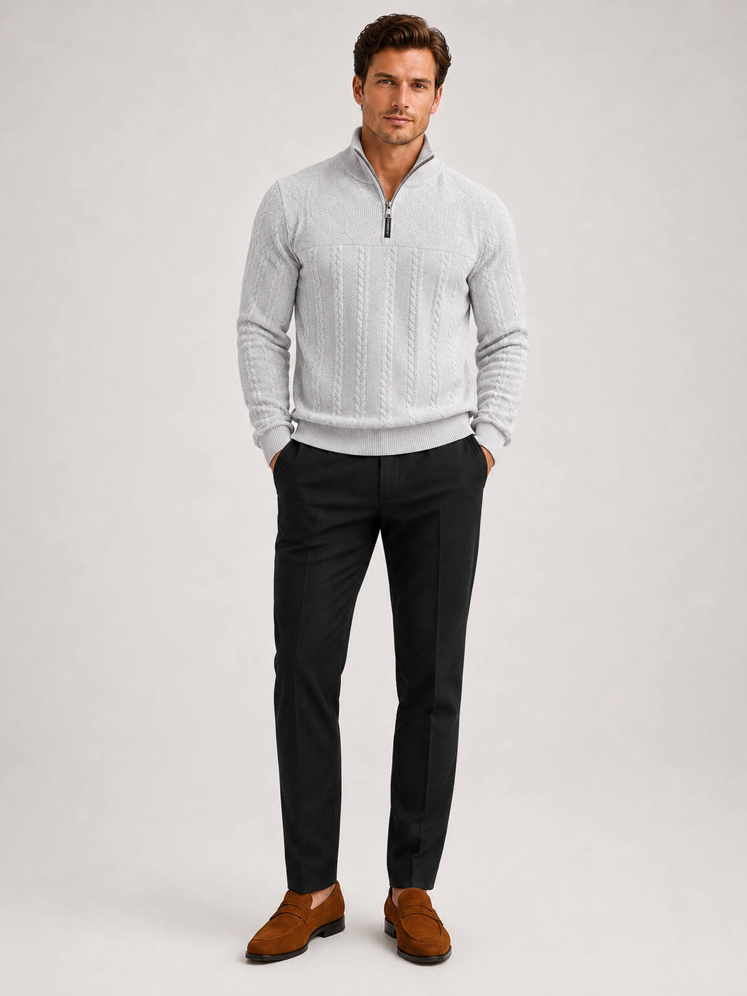 Men's jacquard quarter-zip sweater – Gray full view – Edward & Lawsen