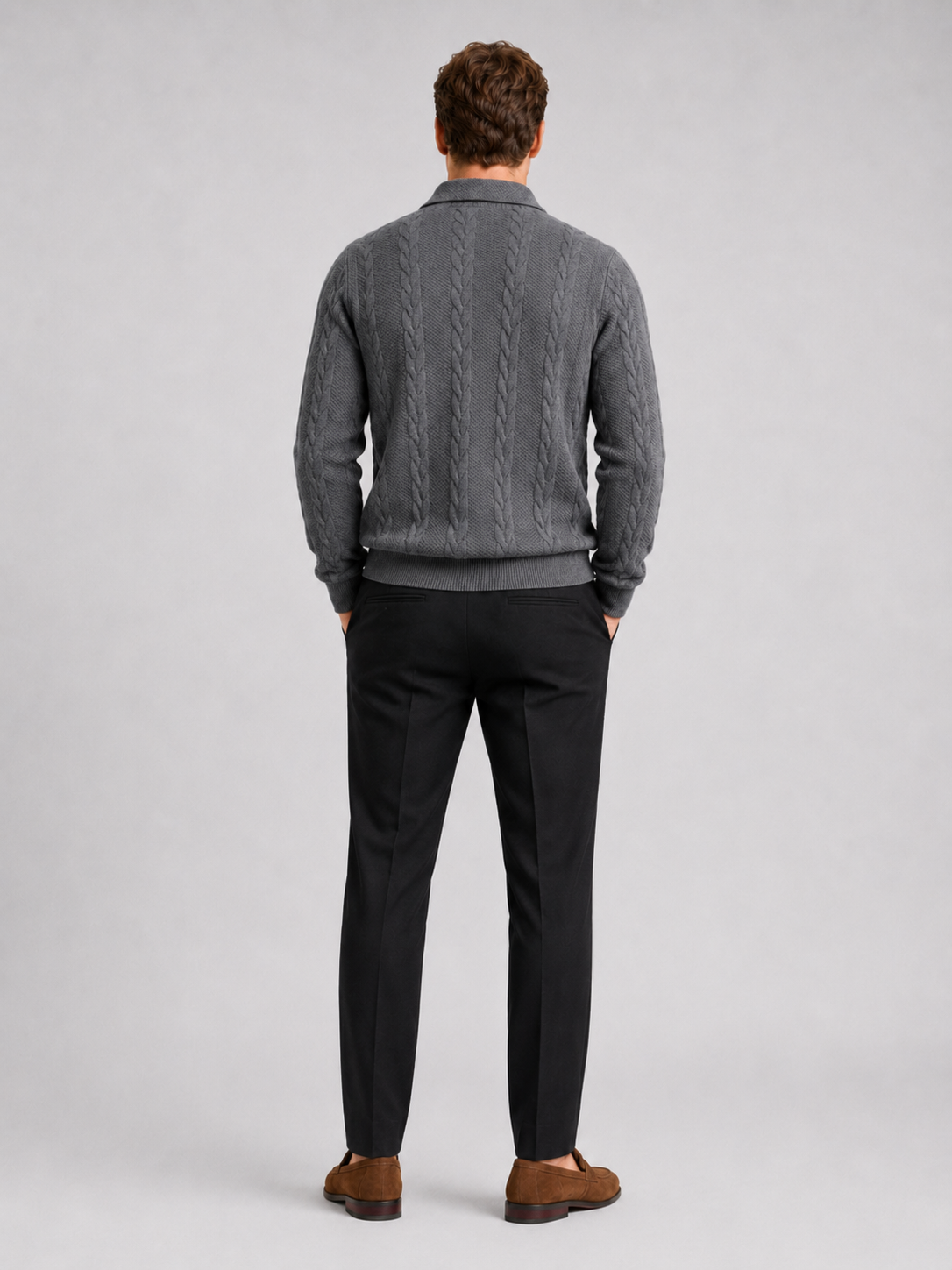Men's quarter-zip turn-down collar sweater – Gray back view – Edward & Lawsen