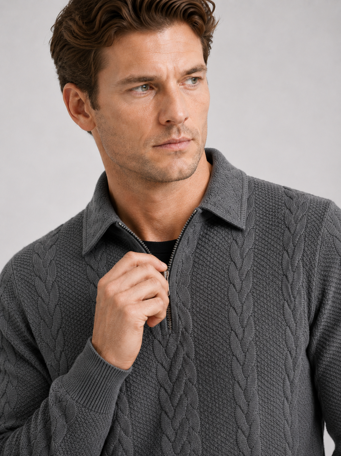 Men's quarter-zip turn-down collar sweater – Gray detail view – Edward & Lawsen