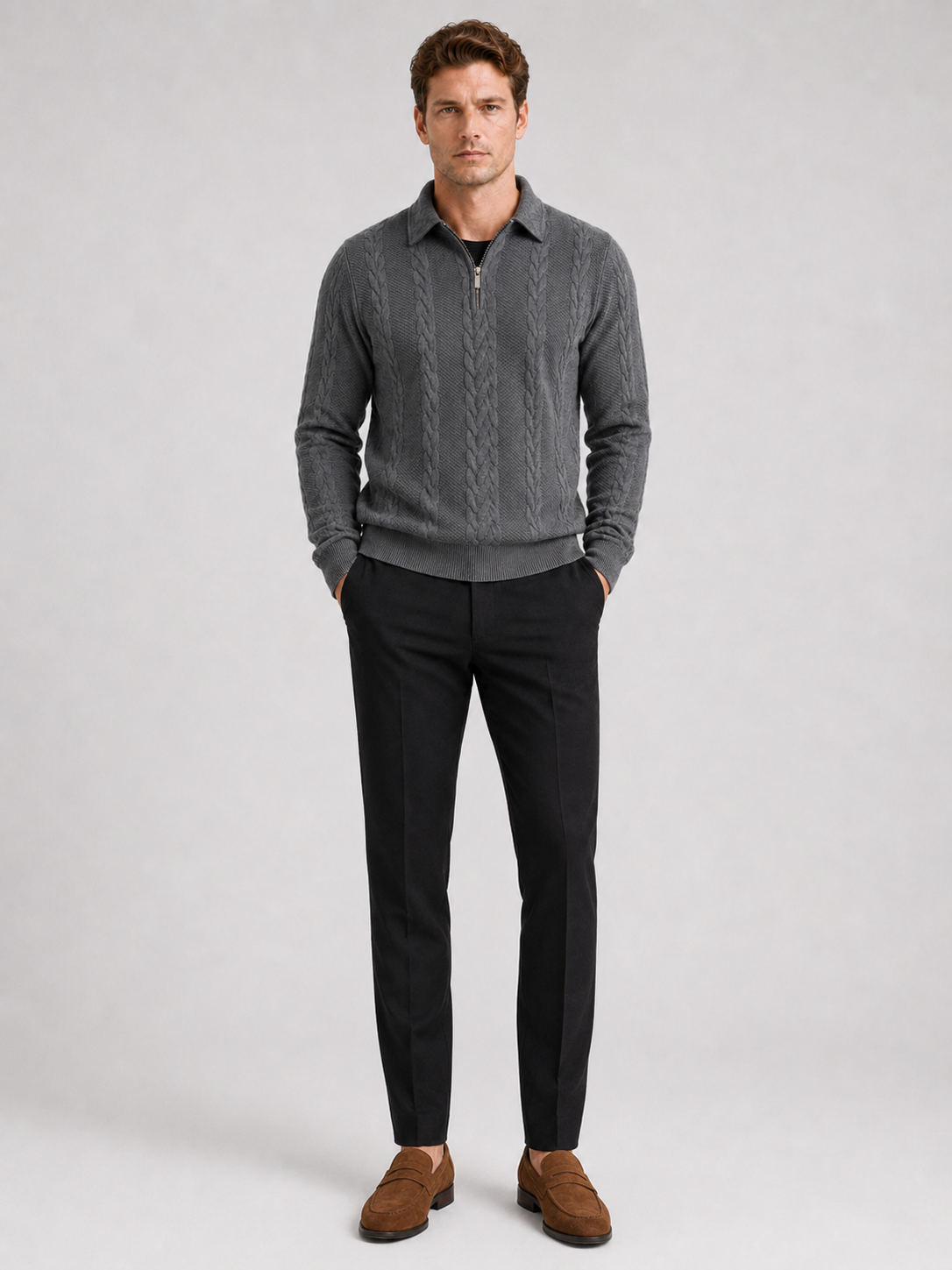 Men's quarter-zip turn-down collar sweater – Gray full view – Edward & Lawsen