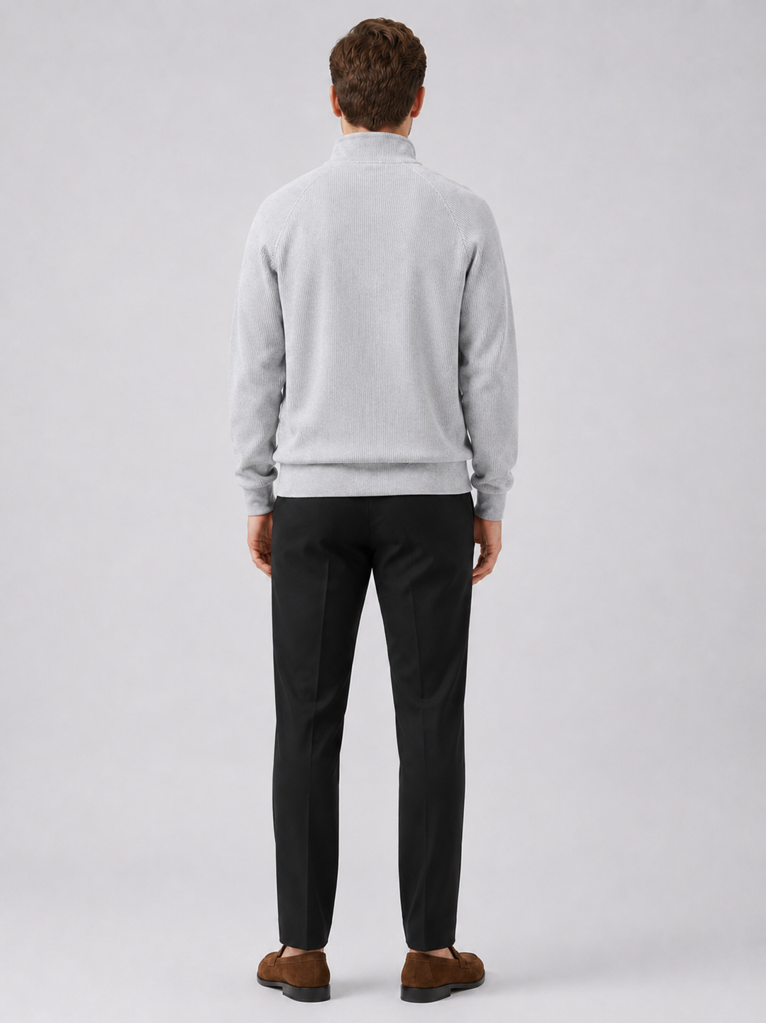 Men's loose fit stand collar quarter-zip sweater – Gray back view – Edward & Lawsen