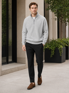 Men's loose fit stand collar quarter-zip sweater – Gray lifestyle view – Edward & Lawsen