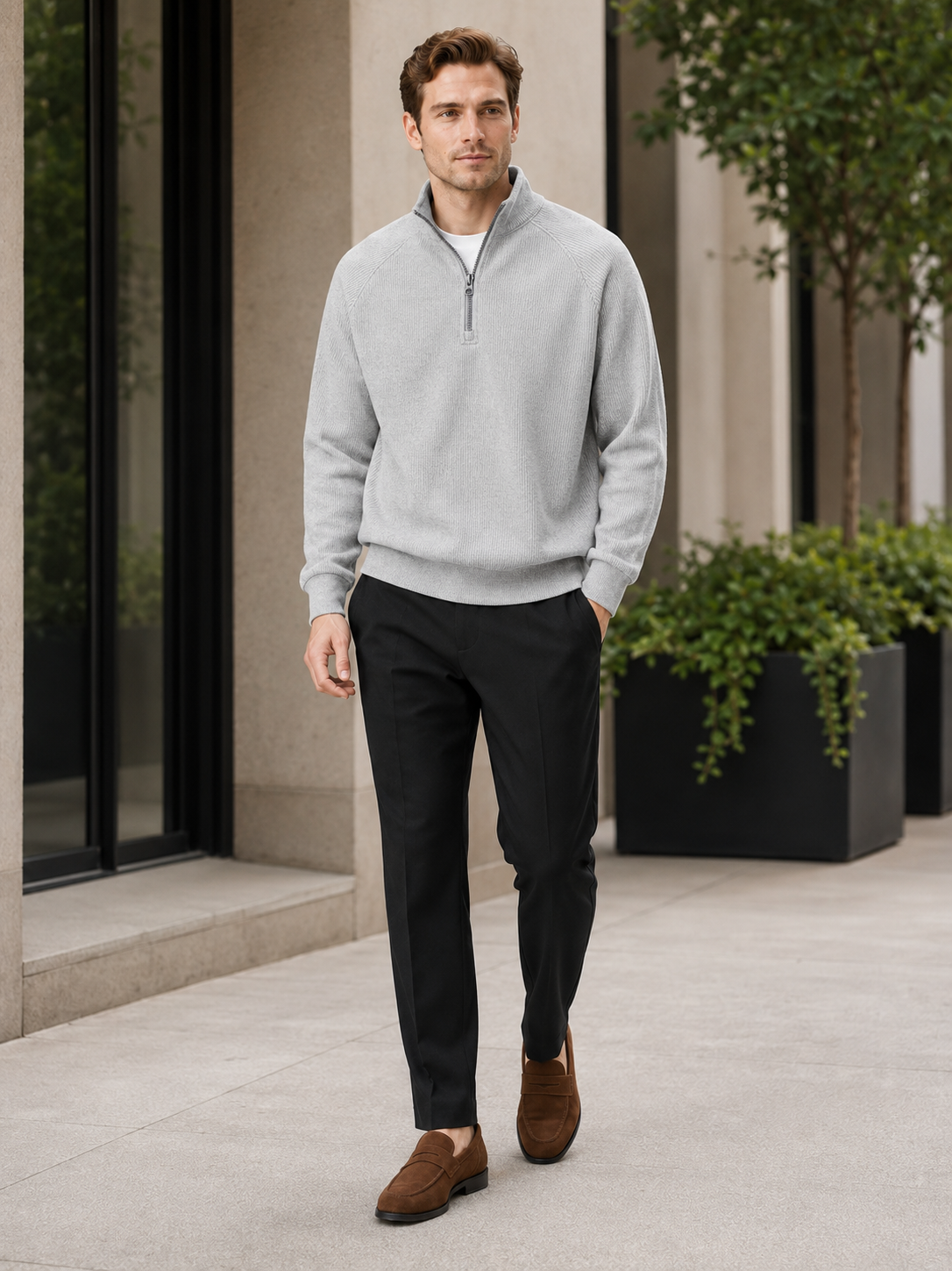 Men's loose fit stand collar quarter-zip sweater – Gray lifestyle view – Edward & Lawsen