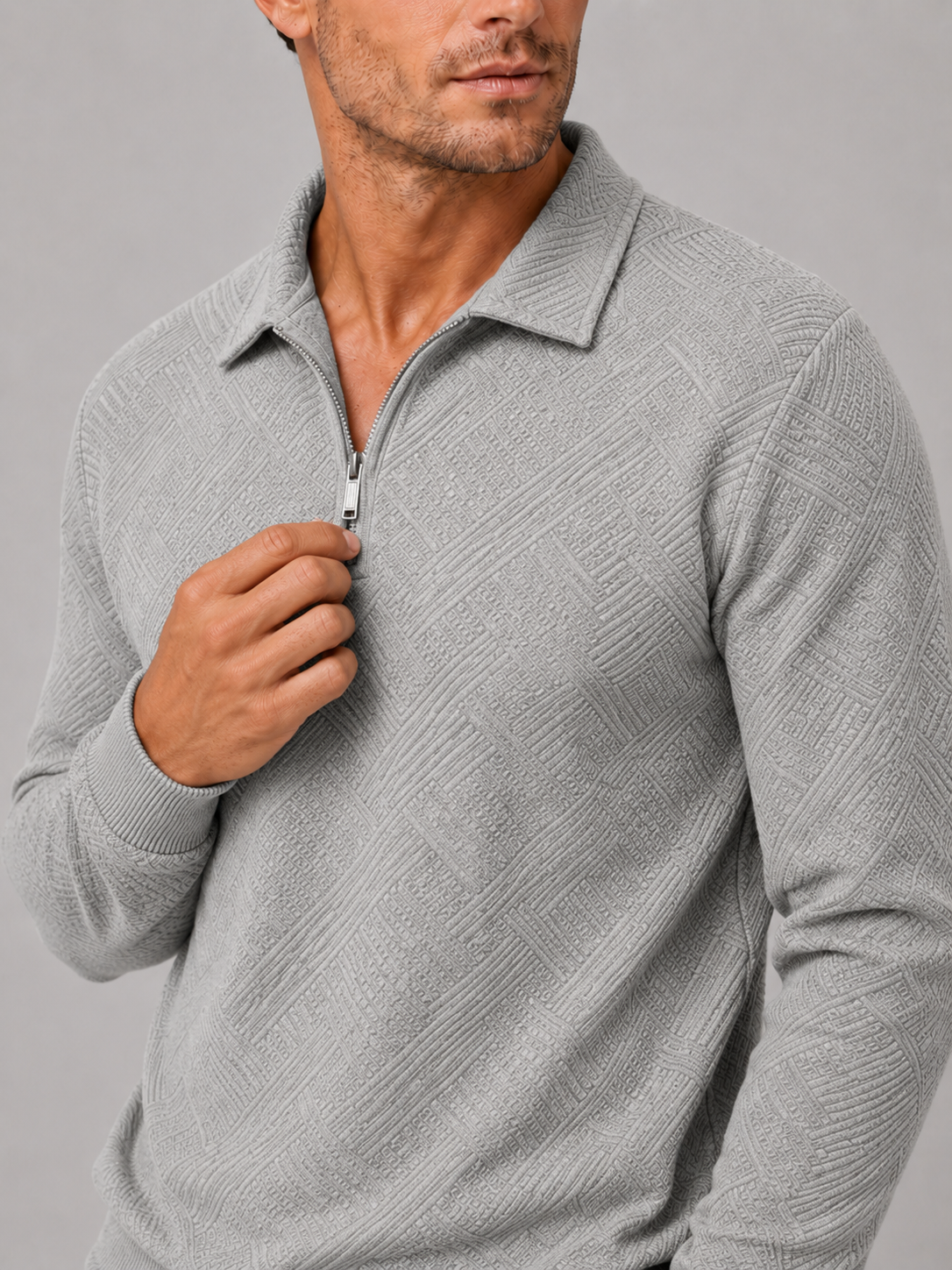 Men's quarter zip polo sweater – Gray detail view – Edward & Lawsen
