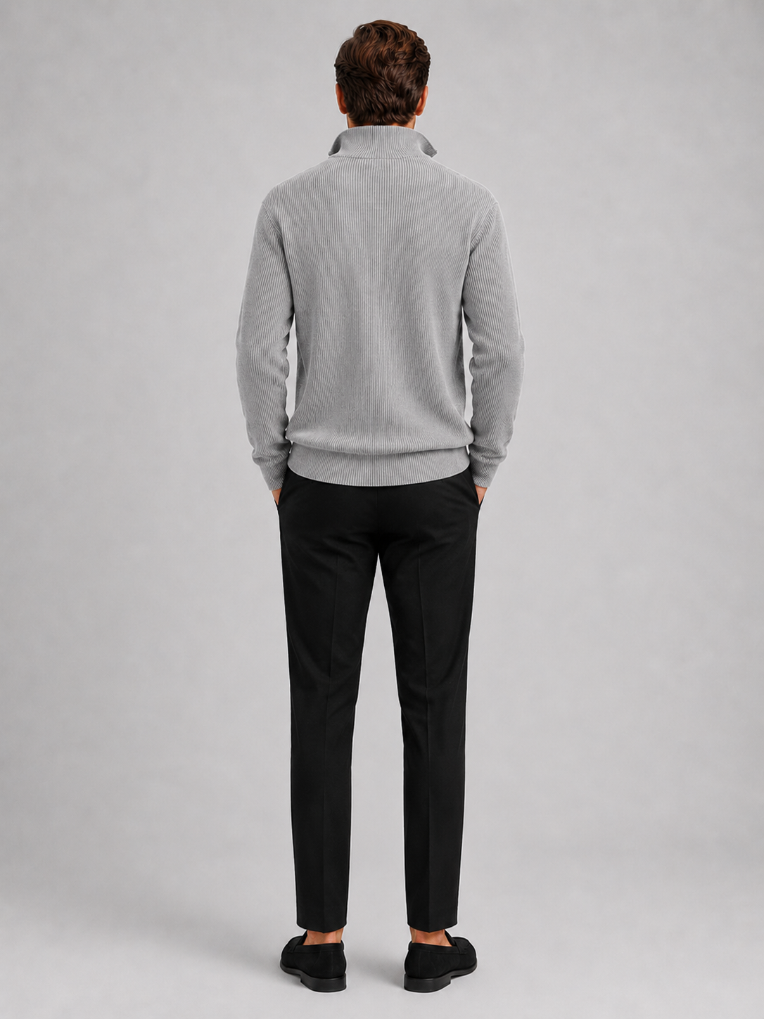Men's ribbed stand collar quarter-zip sweater – Gray back view – Edward & Lawsen