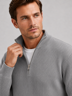 Men's ribbed stand collar quarter-zip sweater – Gray detail view – Edward & Lawsen